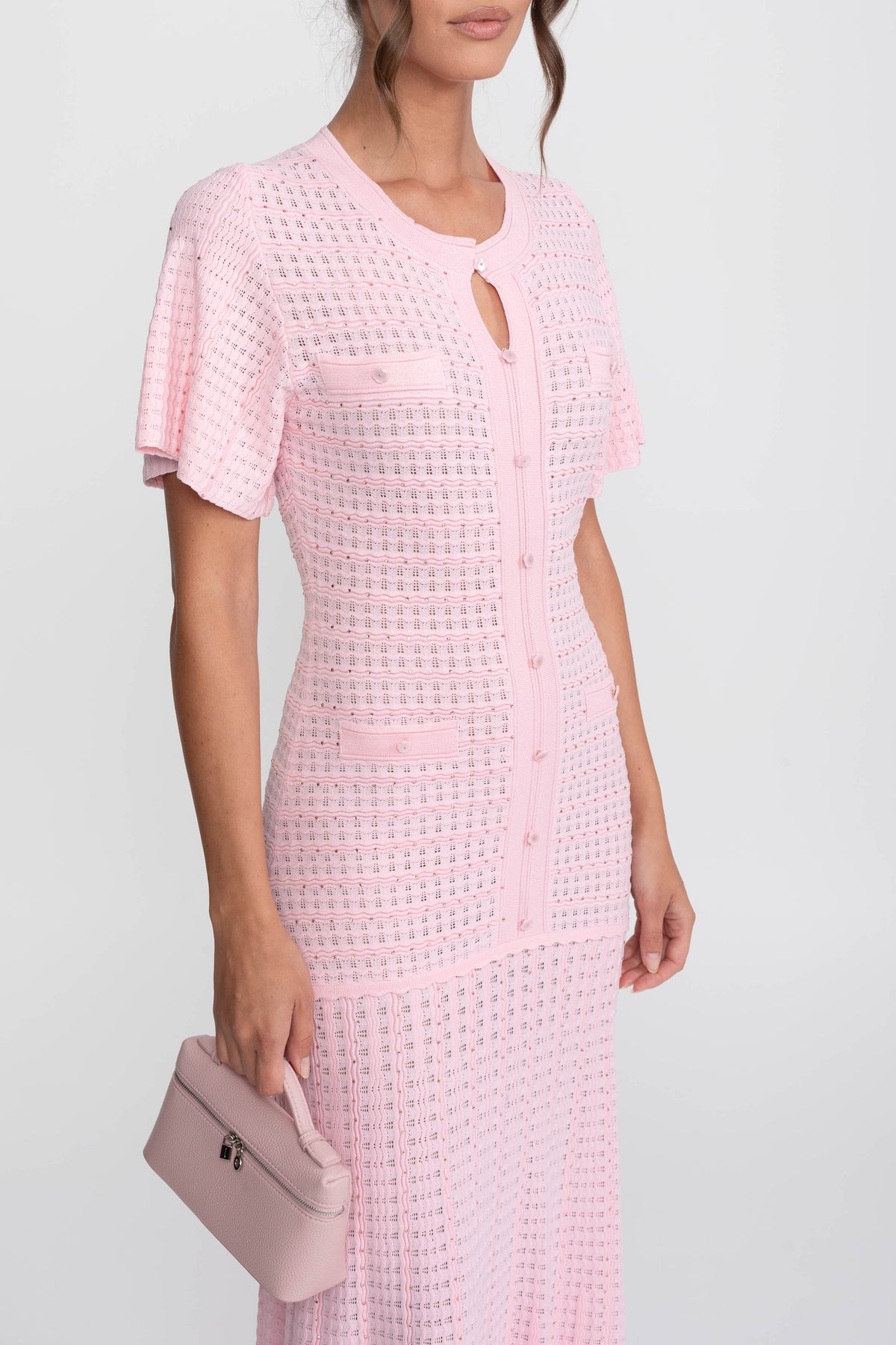 Shimmer Knit Button Front Midi Dress with Pleated Skirt – Pink – view 8