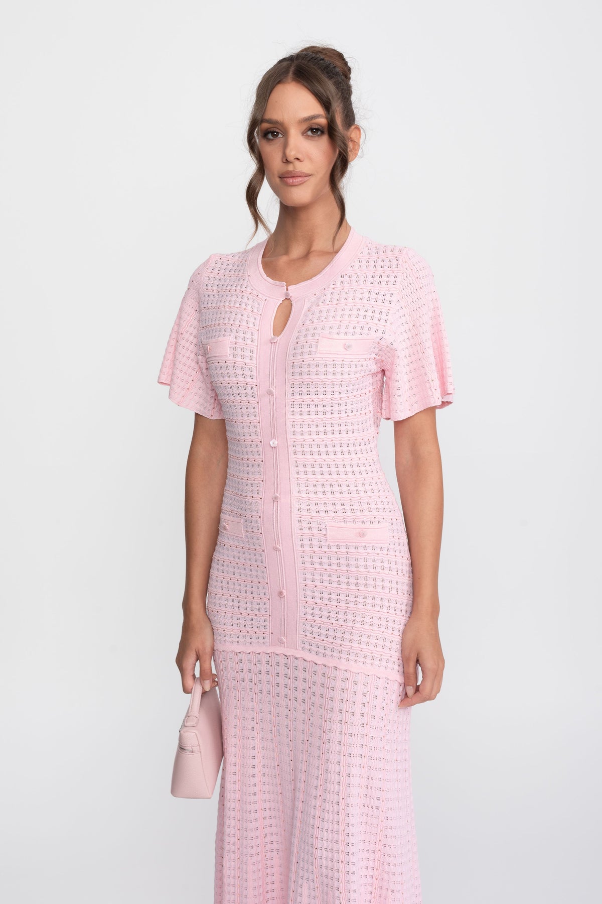 Shimmer Knit Button Front Midi Dress with Pleated Skirt – Pink – view 5