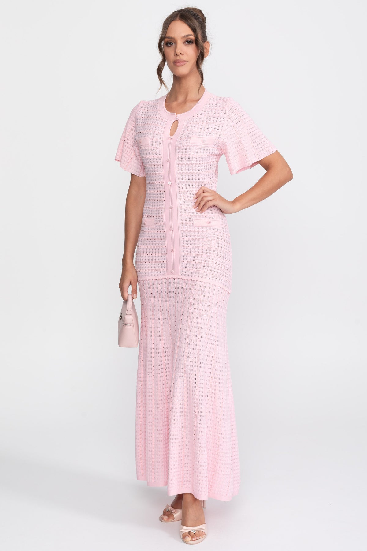 Shimmer Knit Button Front Midi Dress with Pleated Skirt – Pink – view 4