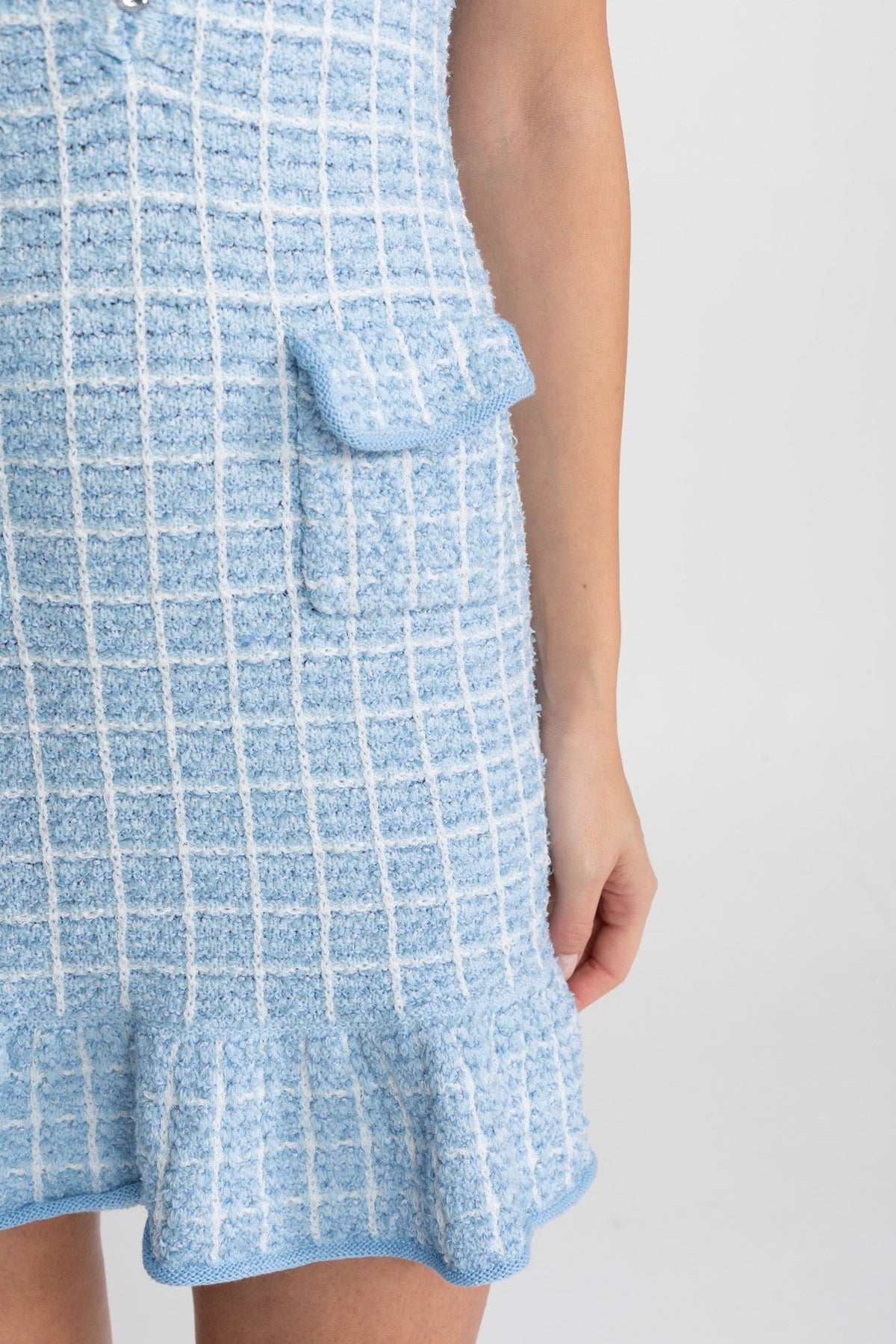 Check Tweed Short Sleeve Mini Dress with Crystal Bow – Light Blue – view 6