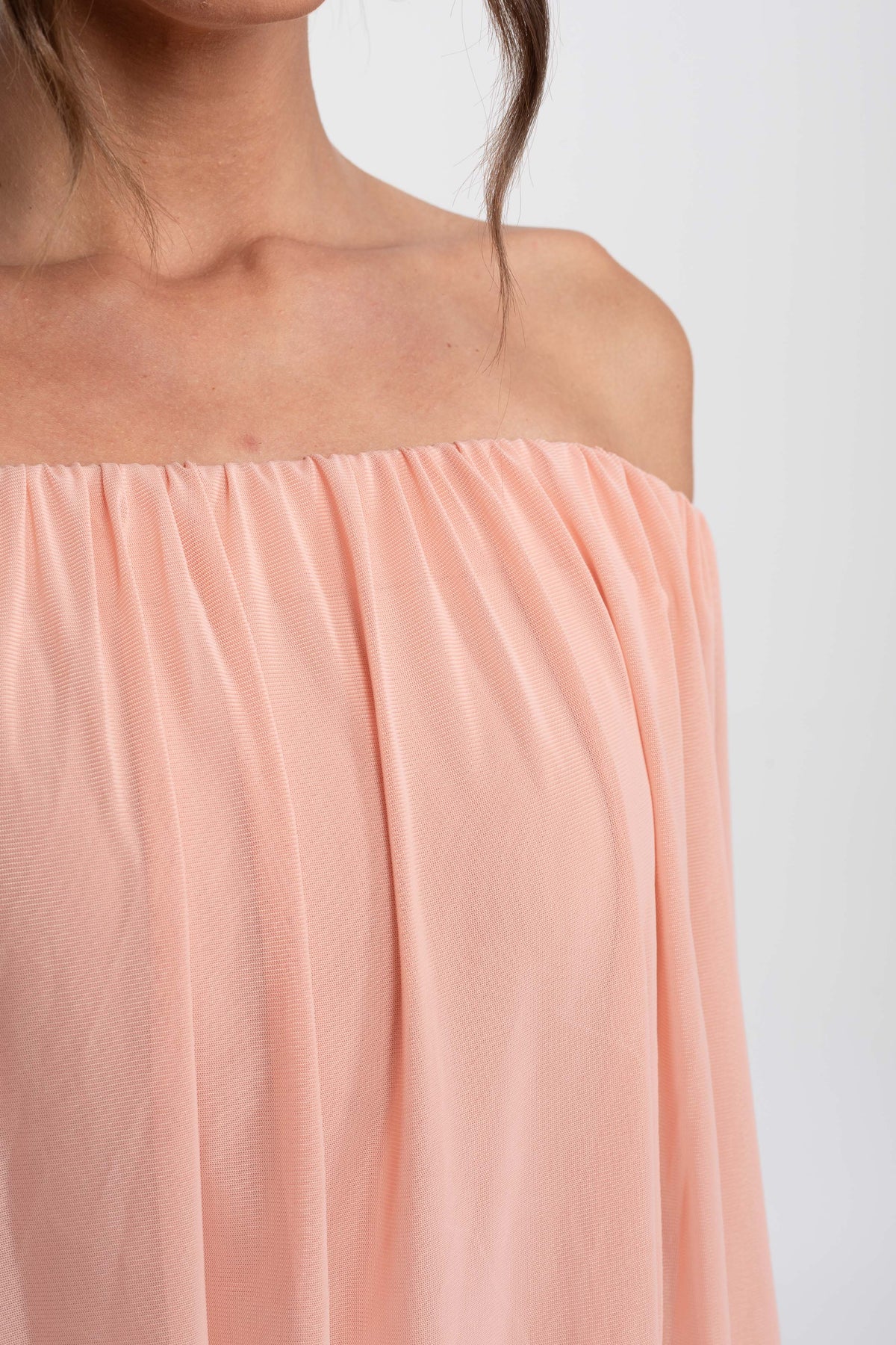 Off-Shoulder Chiffon Ruched Wrap Mini Dress with Tie Waist – Peach – view 8