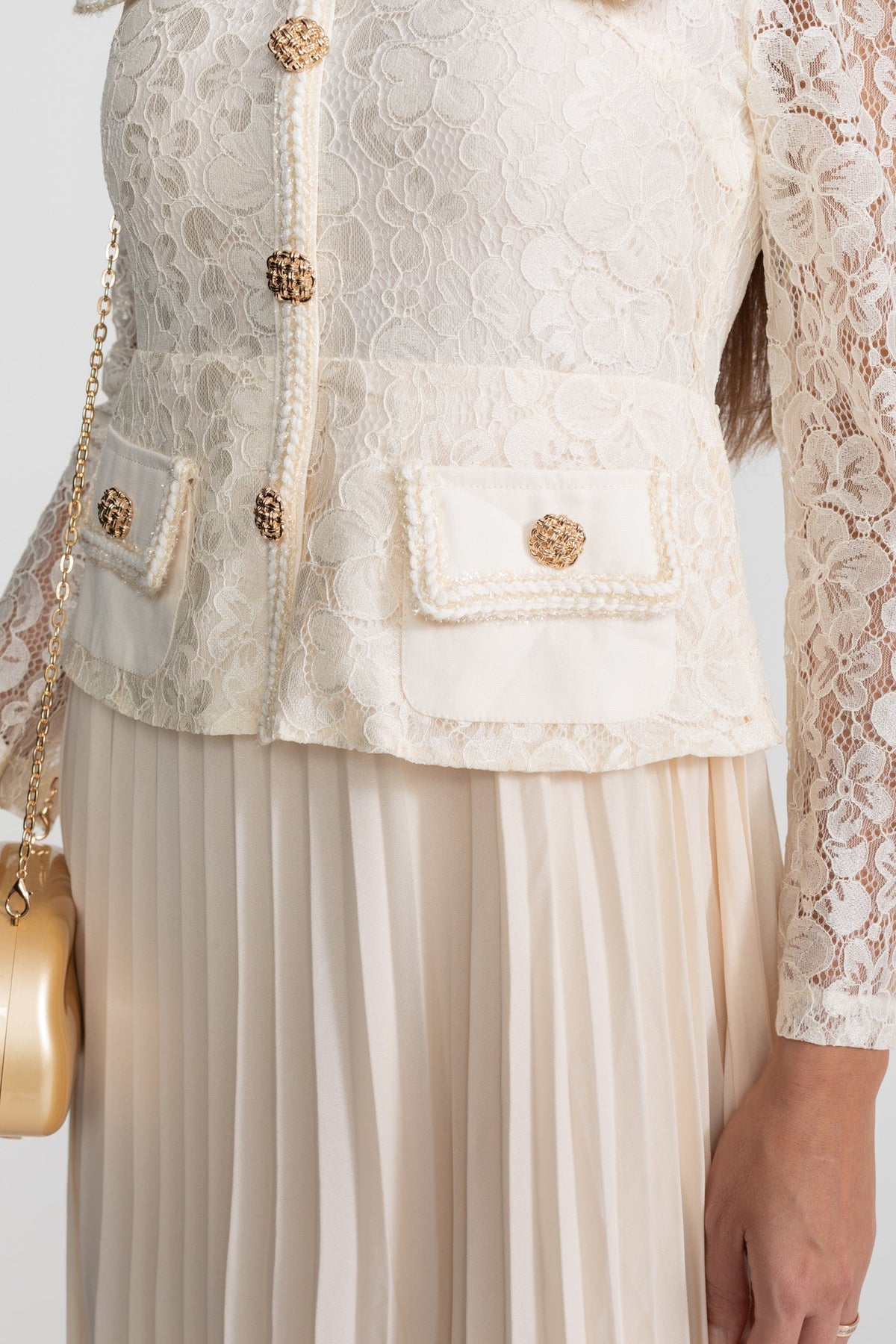 Lace Bodice Pleated Chiffon Midi Dress with Gold Buttons – Ivory – view 4
