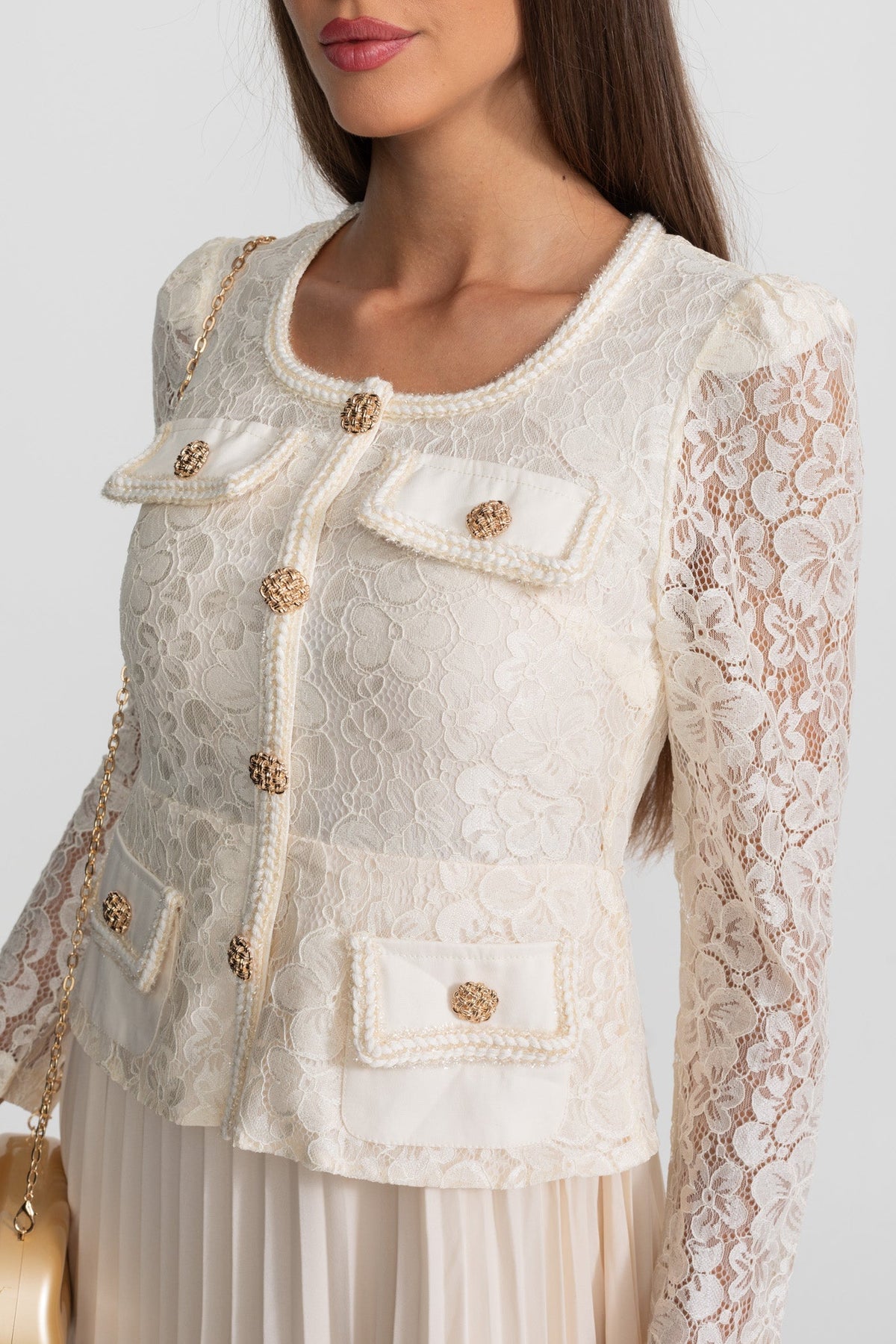 Lace Bodice Pleated Chiffon Midi Dress with Gold Buttons – Ivory – view 5