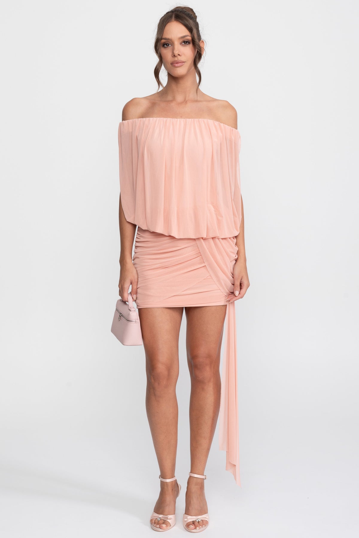 Off-Shoulder Chiffon Ruched Wrap Mini Dress with Tie Waist – Peach – view 3