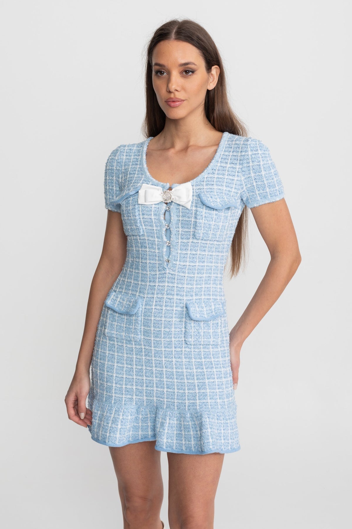 Check Tweed Short Sleeve Mini Dress with Crystal Bow – Light Blue – view 7
