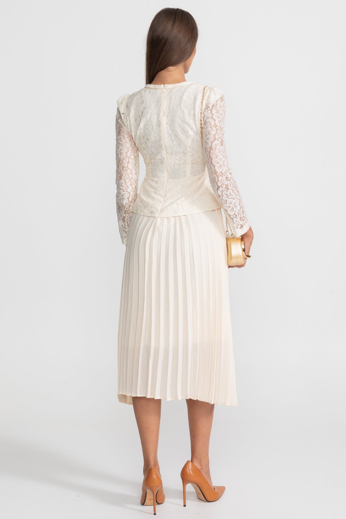 Lace Bodice Pleated Chiffon Midi Dress with Gold Buttons – Ivory – view 6