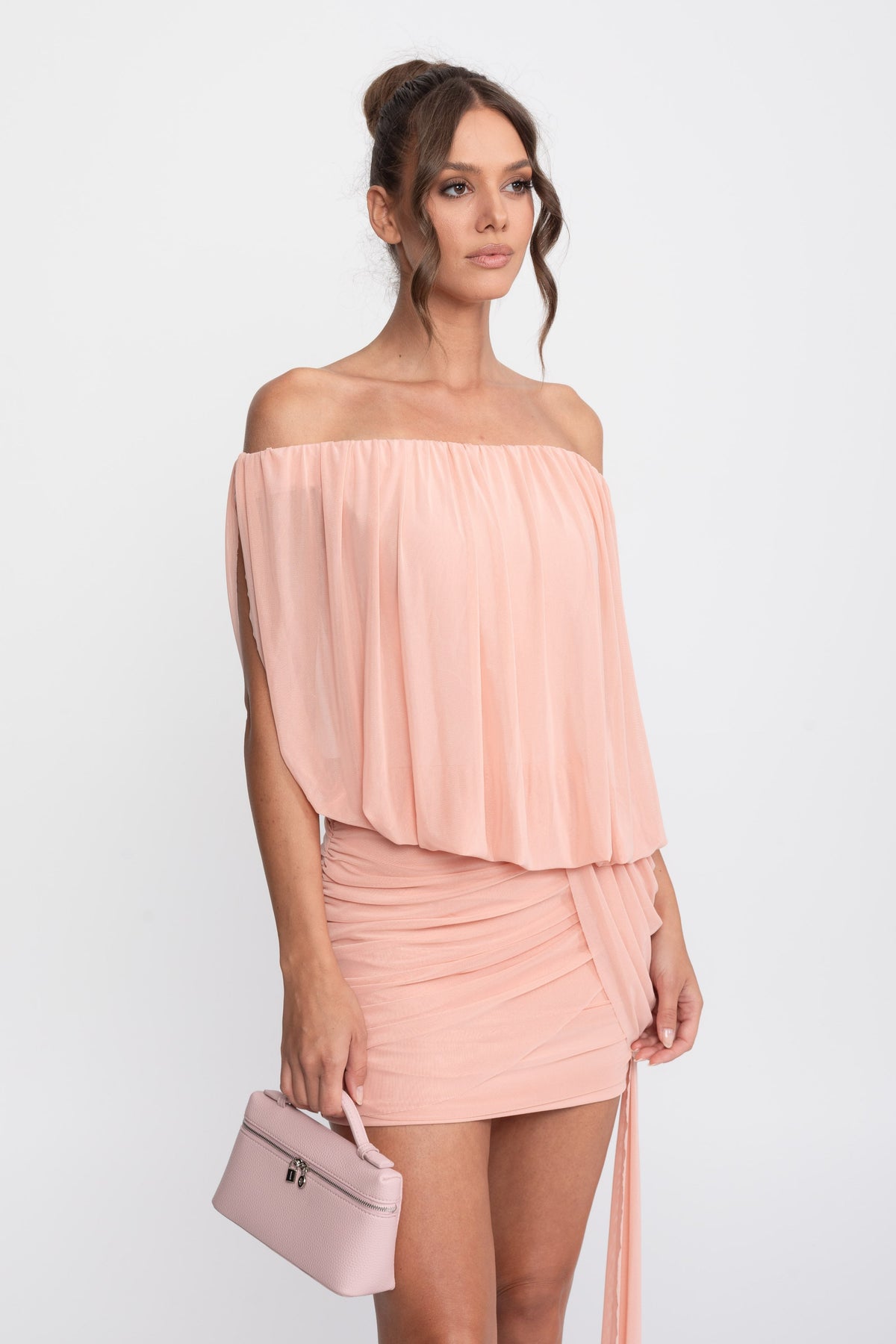 Off-Shoulder Chiffon Ruched Wrap Mini Dress with Tie Waist – Peach – view 5