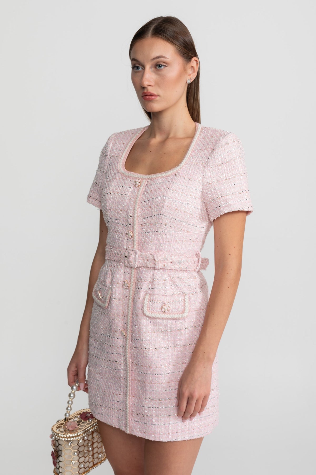 Tweed Square Neck Short Sleeve Mini Dress with Matching Belt – Blush Pink – view 3