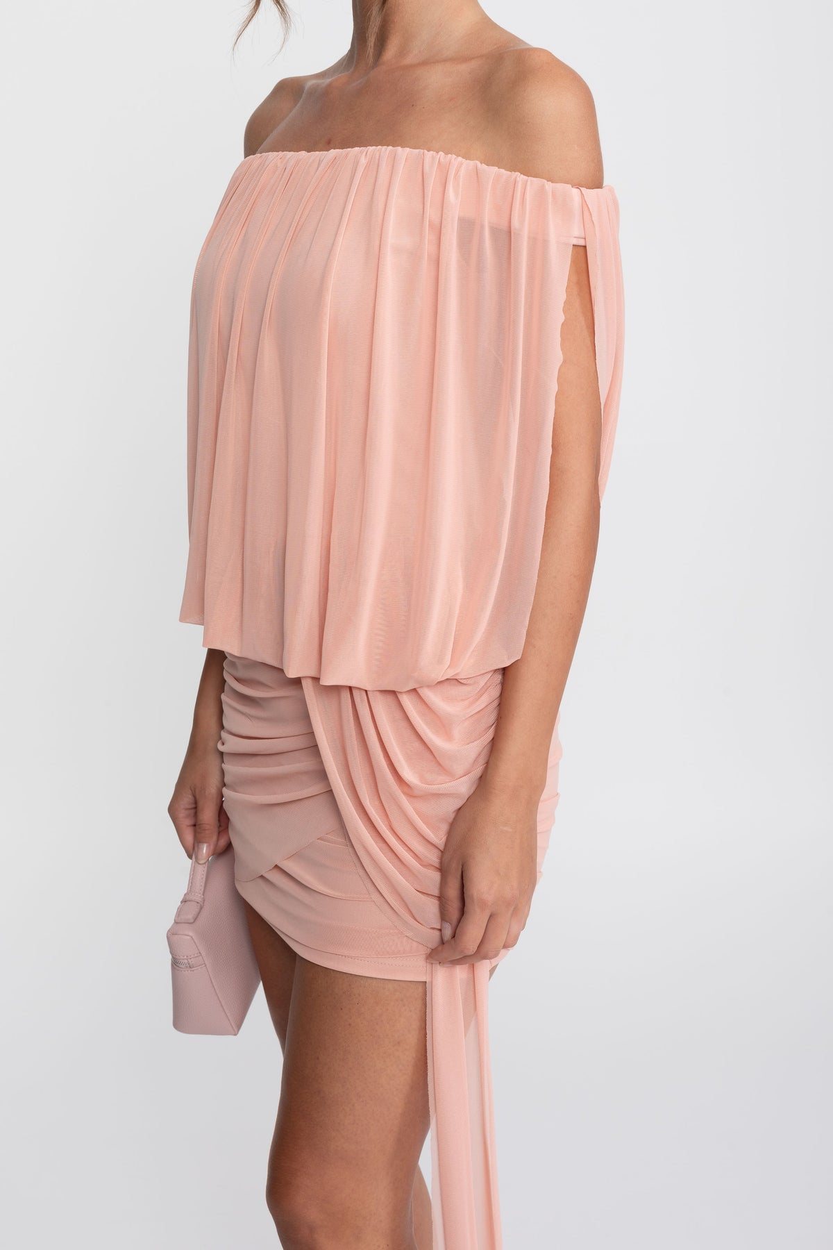 Off-Shoulder Chiffon Ruched Wrap Mini Dress with Tie Waist – Peach – view 10