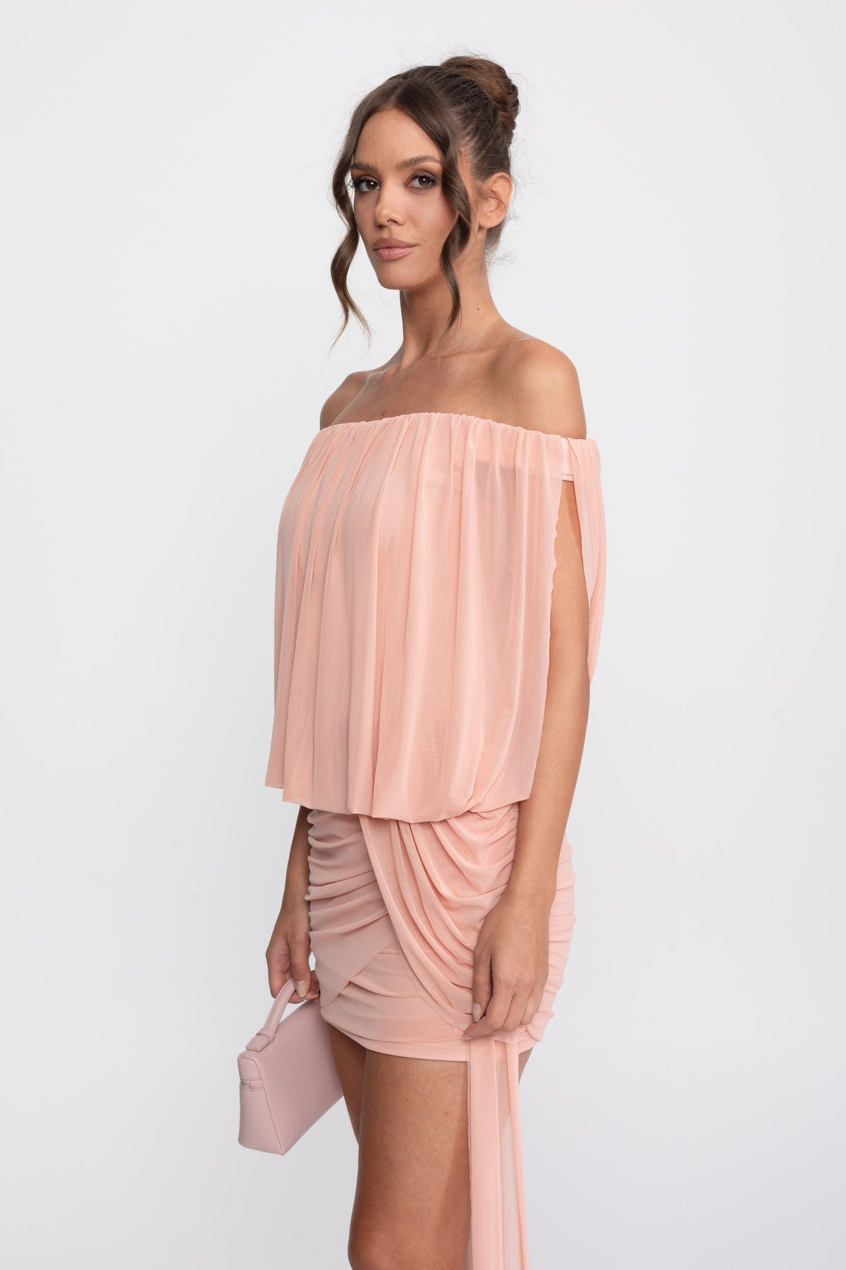 Off-Shoulder Chiffon Ruched Wrap Mini Dress with Tie Waist – Peach – view 6