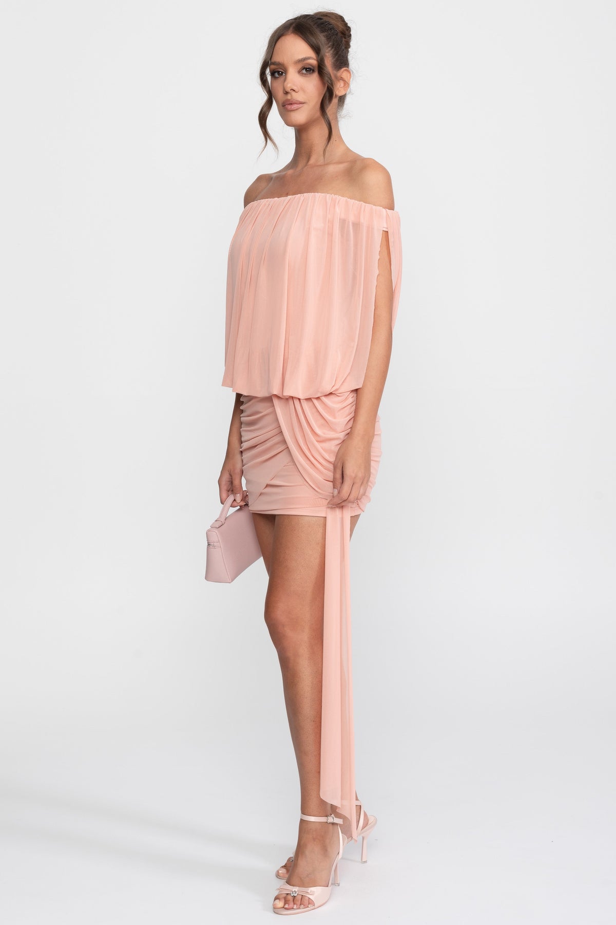 Off-Shoulder Chiffon Ruched Wrap Mini Dress with Tie Waist – Peach – view 4