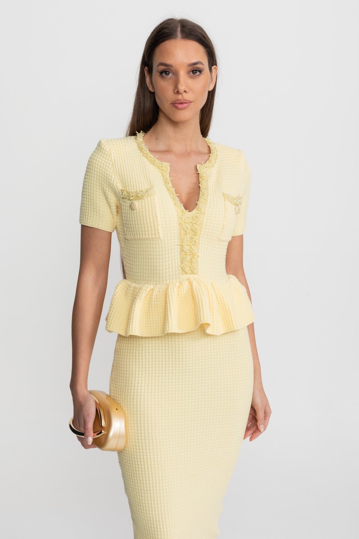 Fitted Knit Midi Dress with Peplum Waist and Patch Pockets – Yellow – view 8