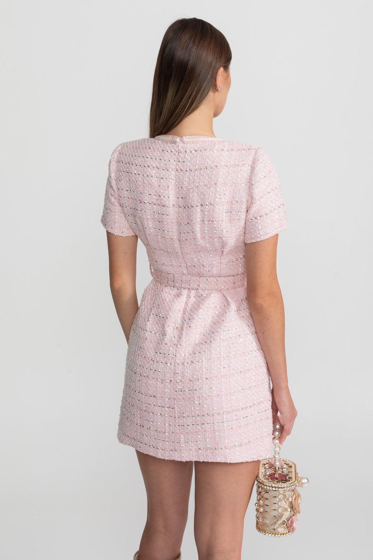 Tweed Square Neck Short Sleeve Mini Dress with Matching Belt – Blush Pink – view 6