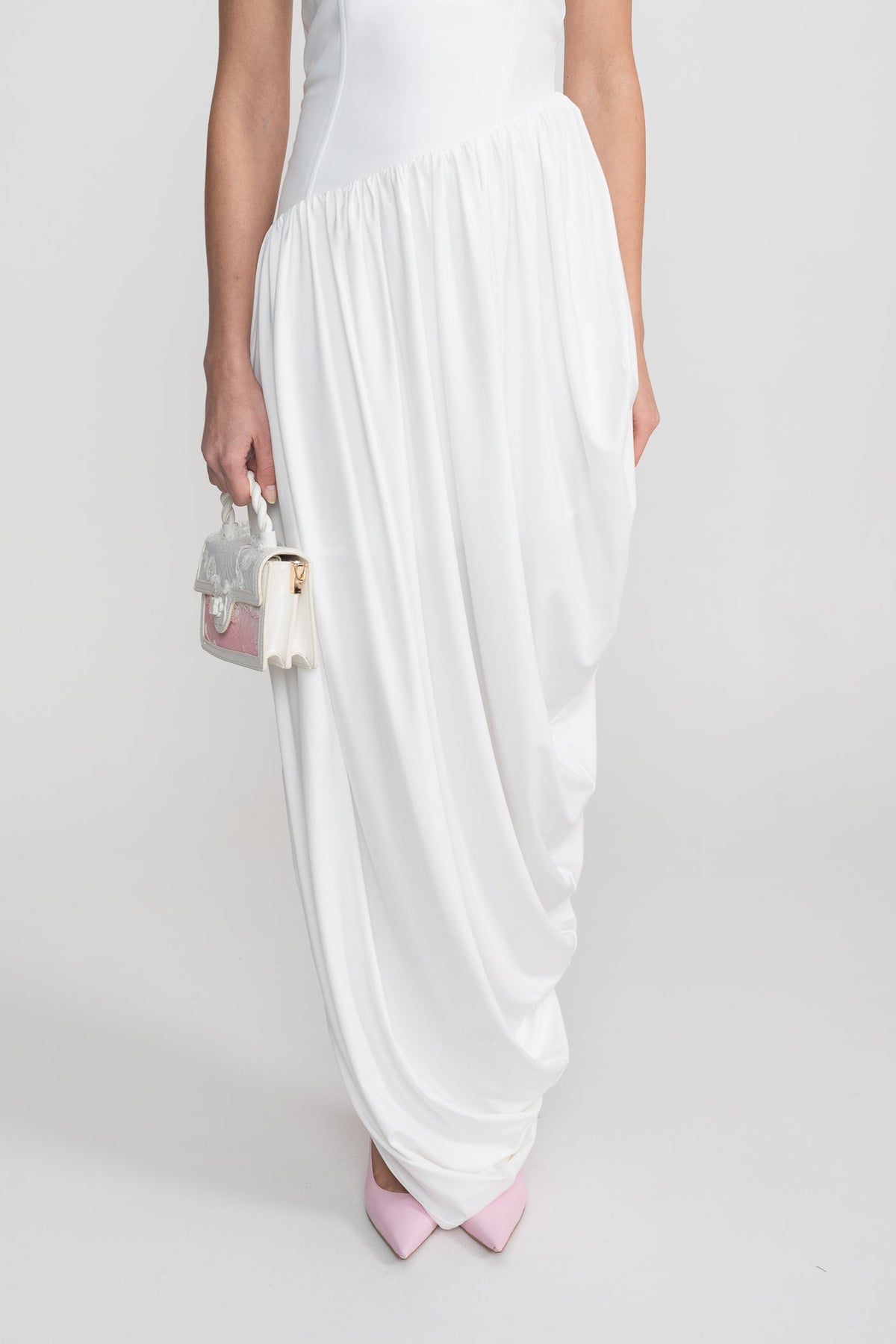 Strapless Maxi Dress with Asymmetric Waist and Cascading Draped Skirt – White – view 9