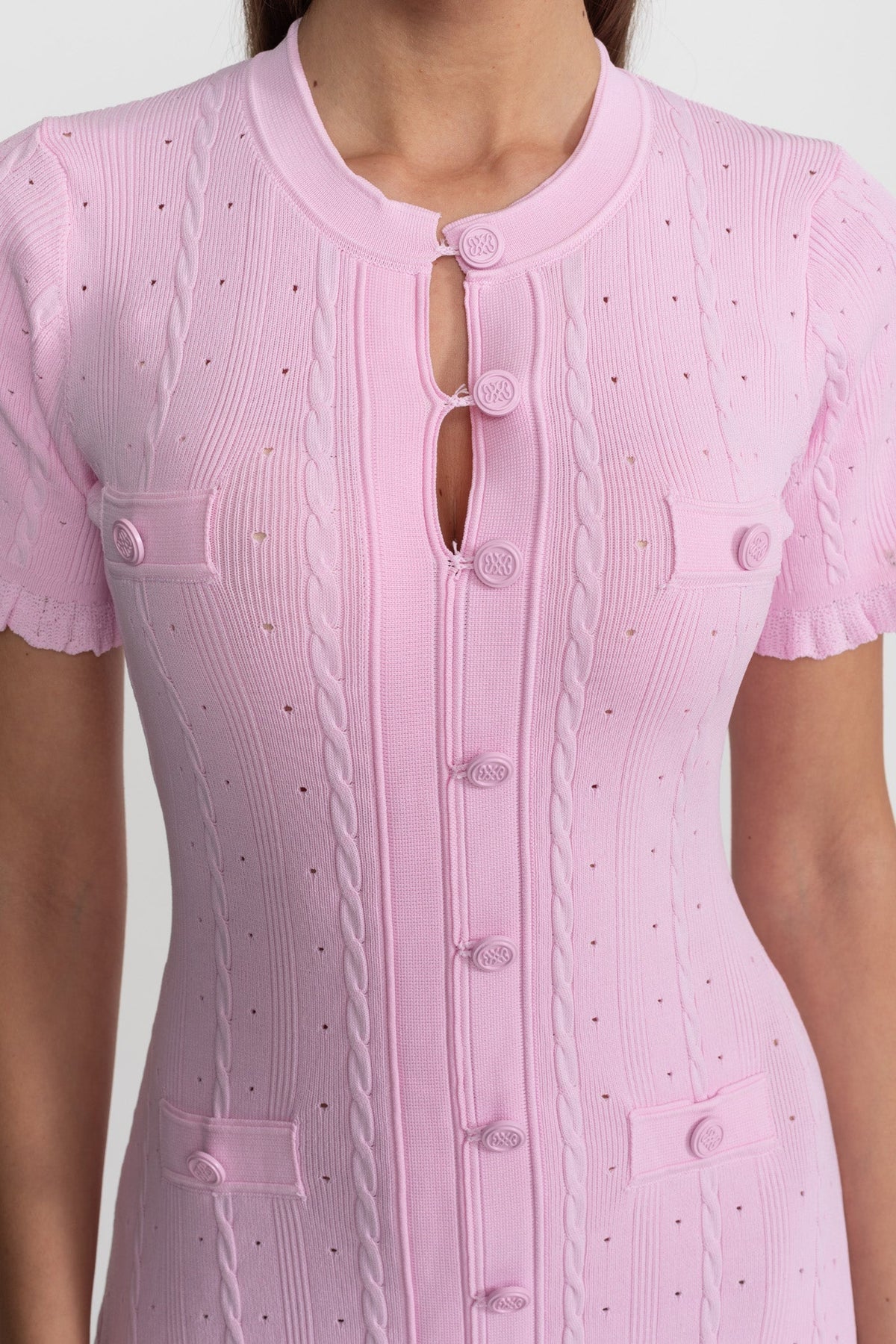 Knit Button-Front Midi Dress with Short Scalloped Sleeves – Pink – view 6