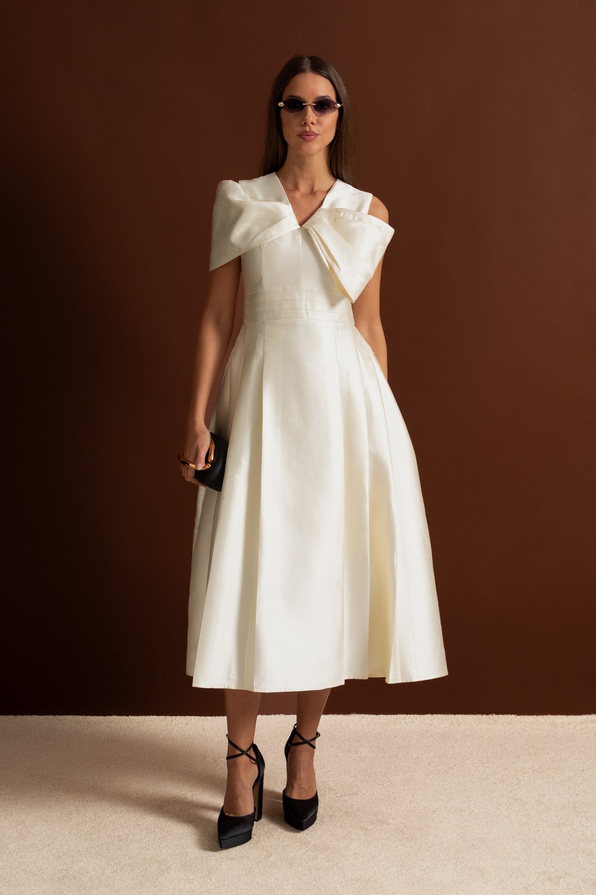 Off-Shoulder Structured Satin Midi Dress with Draped Bow Bodice – Ivory – view 5