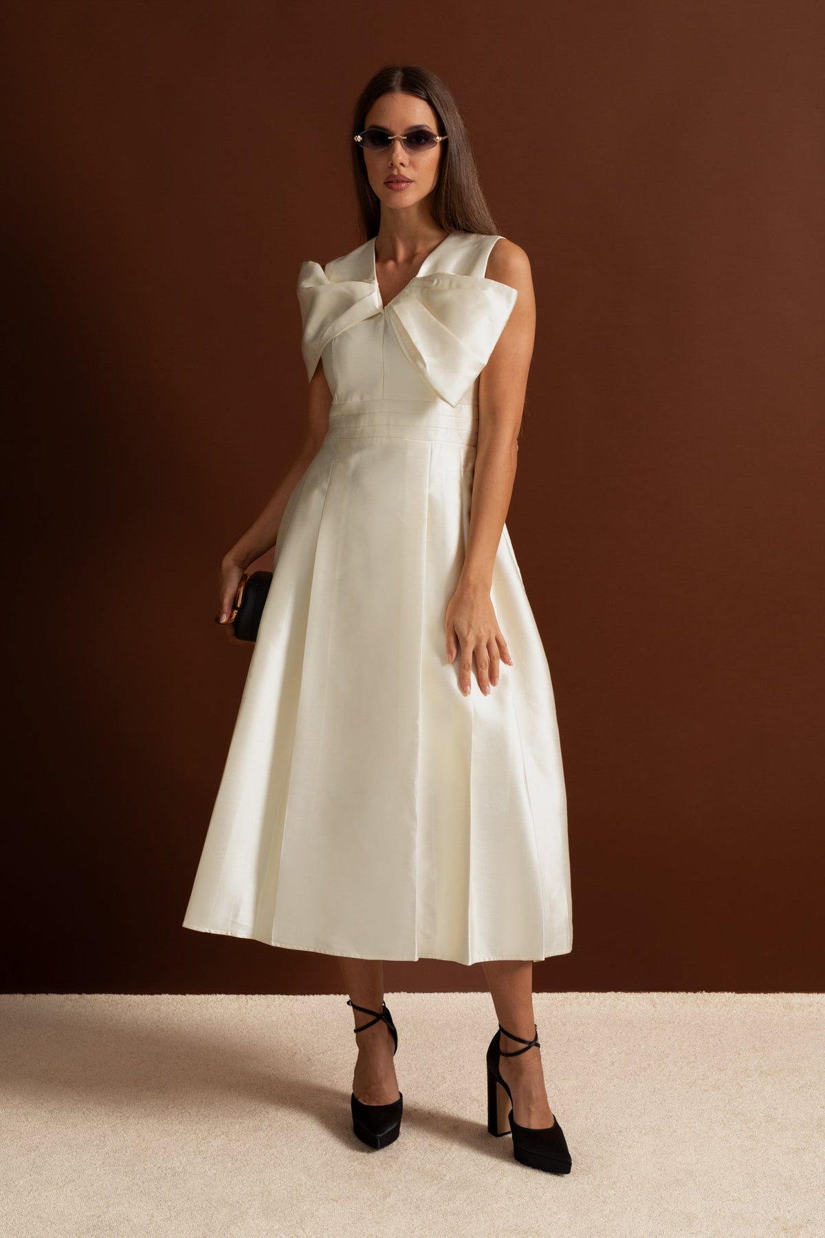 Off-Shoulder Structured Satin Midi Dress with Draped Bow Bodice – Ivory – view 4