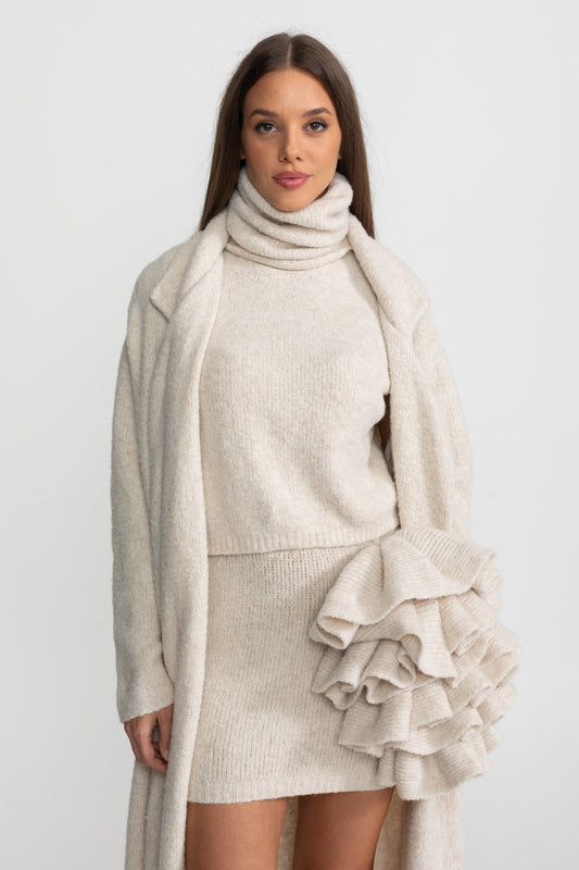 Wool and Cashmere Three-Piece Knit Set with Sculptural Ruffles – Beige