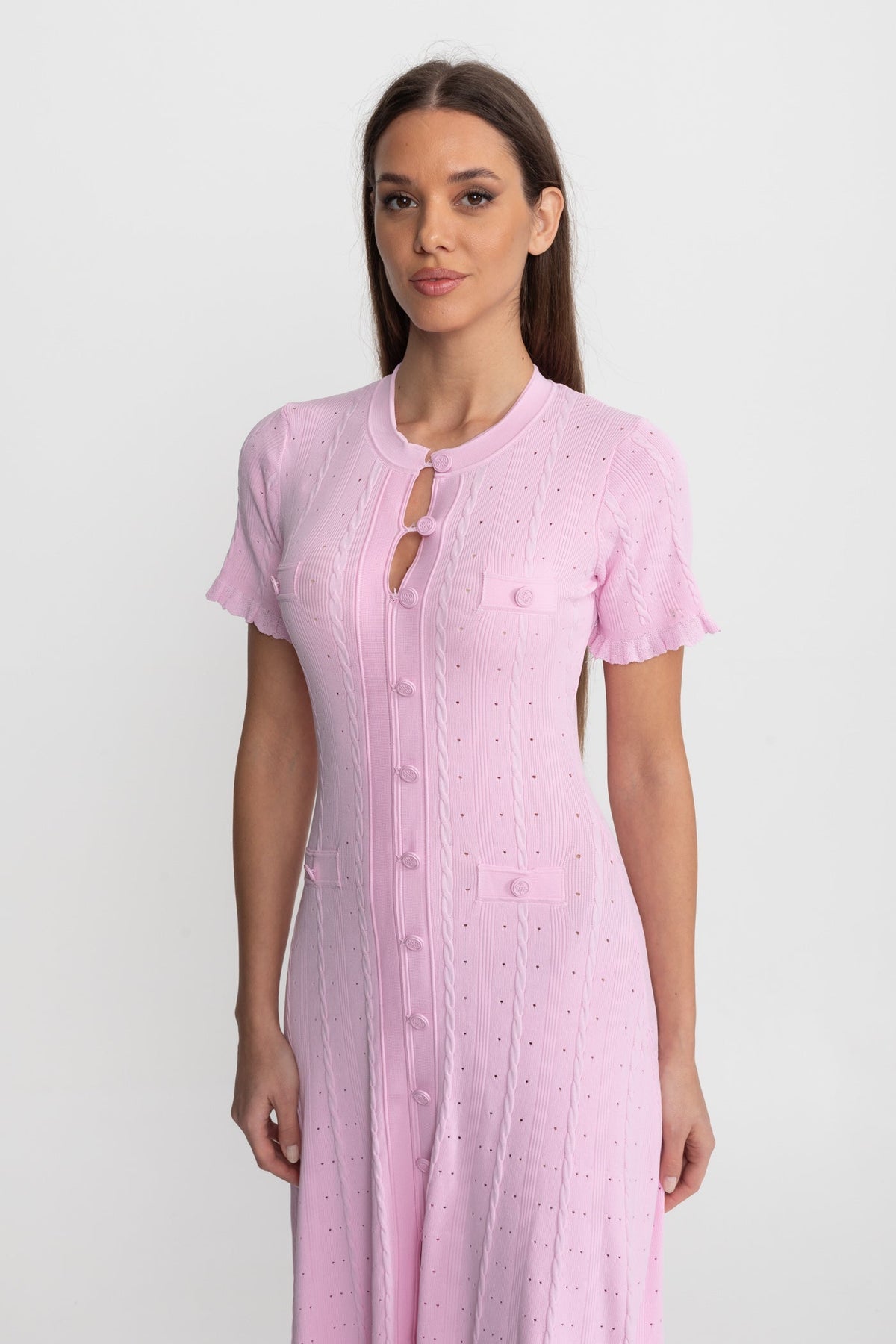 Knit Button-Front Midi Dress with Short Scalloped Sleeves – Pink – view 5