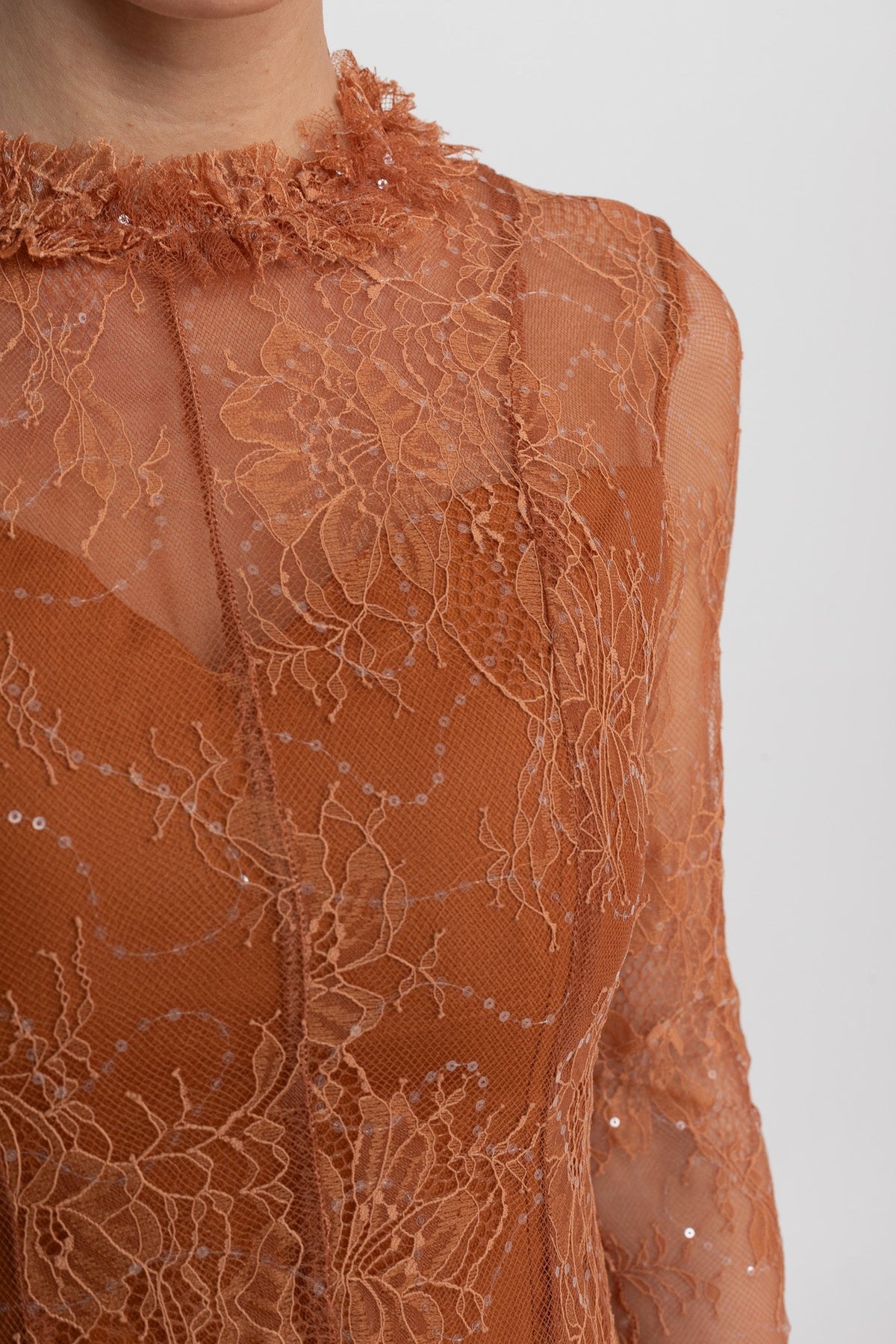 Sheer Lace High Neck Long Sleeve Mini Dress with Ruffled Hem – Rust – view 7