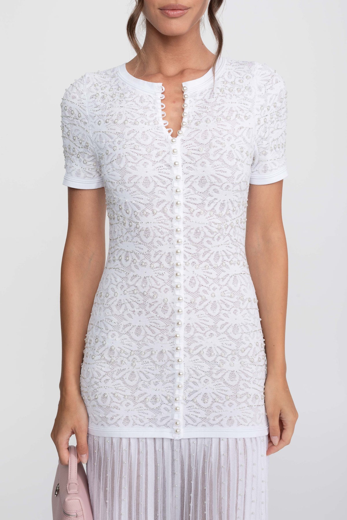 Pearl Embellished Short Sleeve Midi Dress with Pleated Skirt – White – view 10