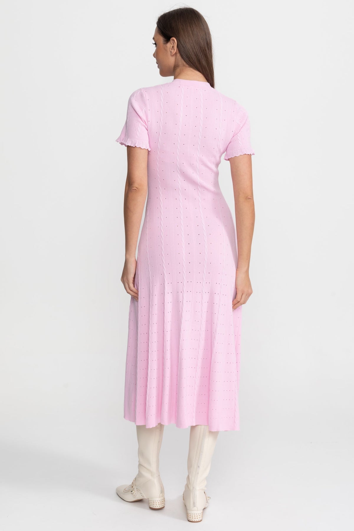 Knit Button-Front Midi Dress with Short Scalloped Sleeves – Pink – view 7