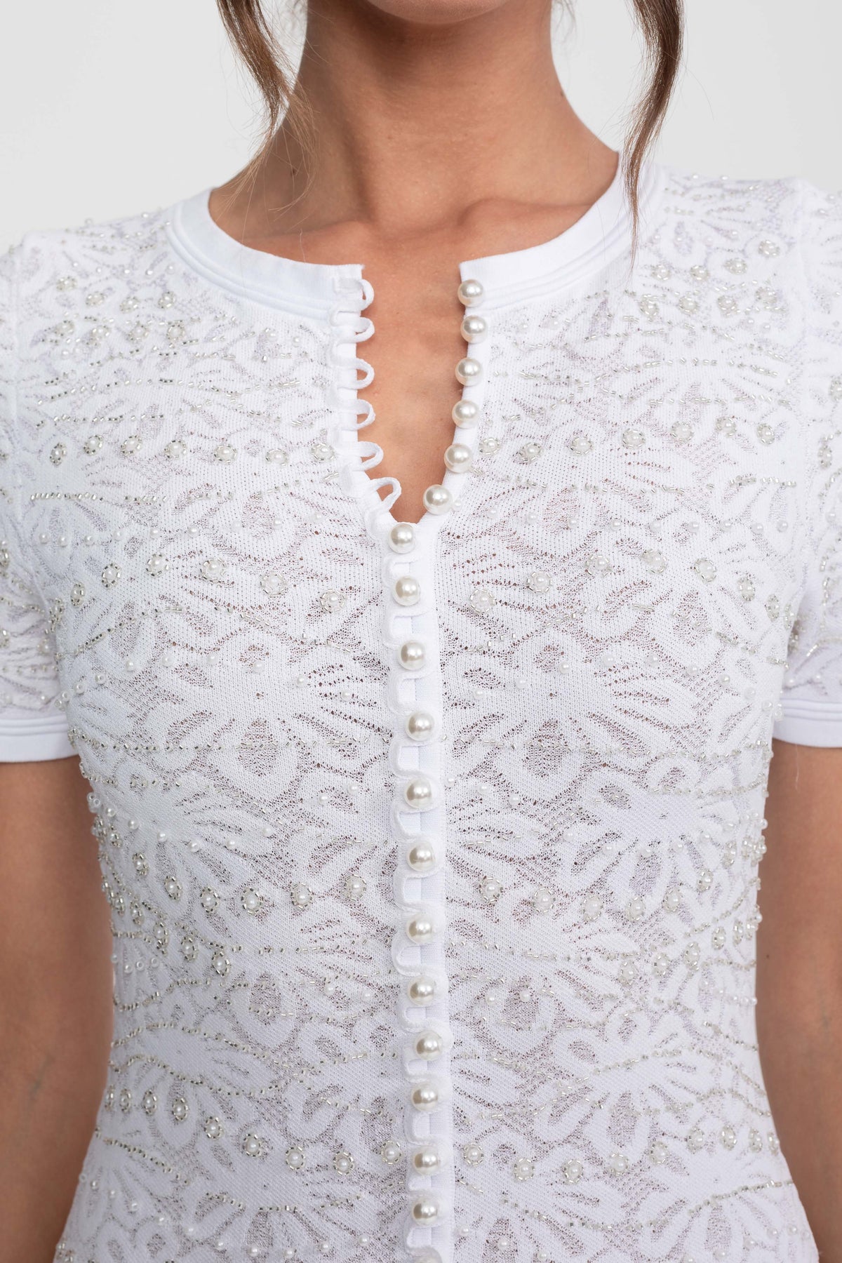 Pearl Embellished Short Sleeve Midi Dress with Pleated Skirt – White – view 11