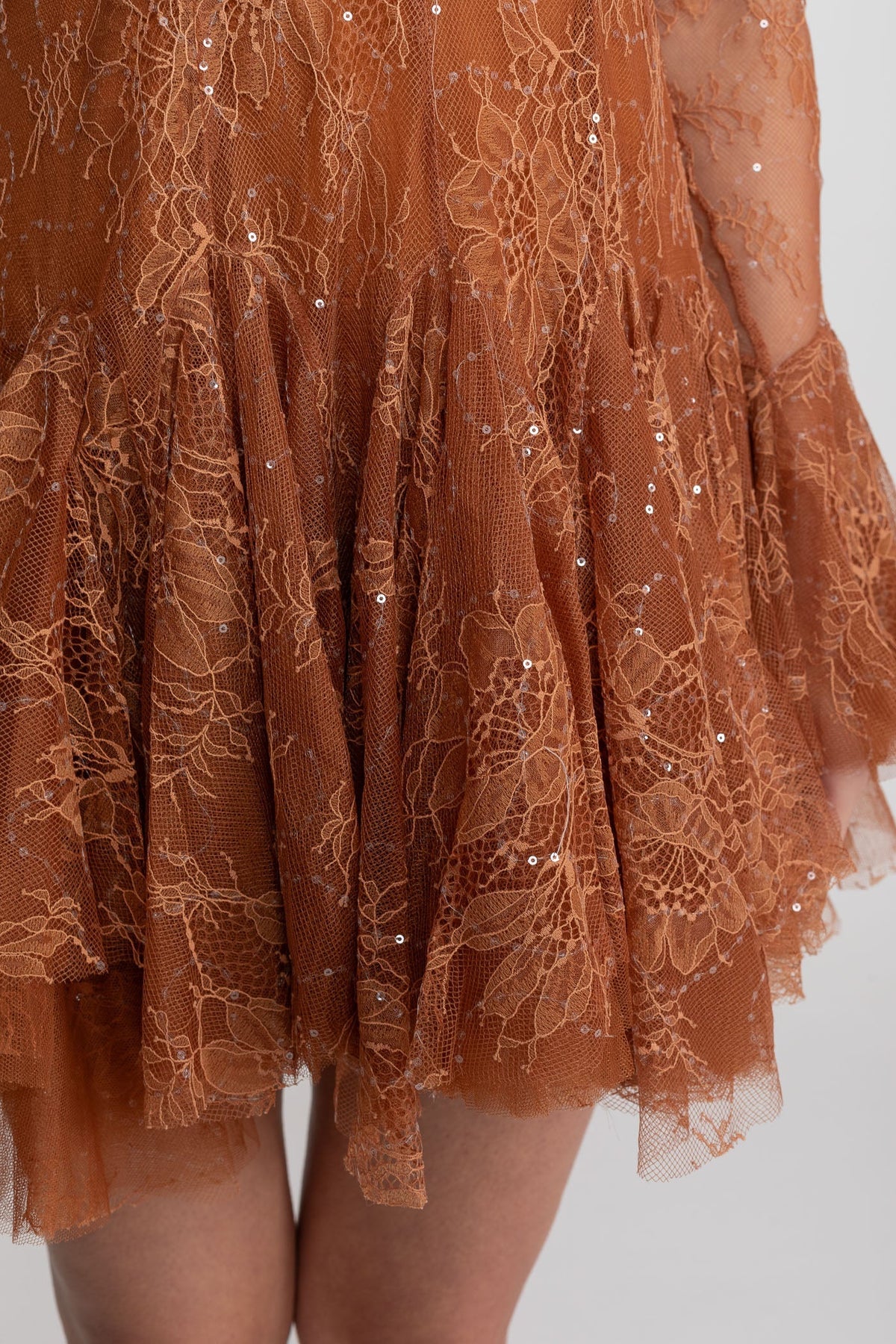 Sheer Lace High Neck Long Sleeve Mini Dress with Ruffled Hem – Rust – view 6
