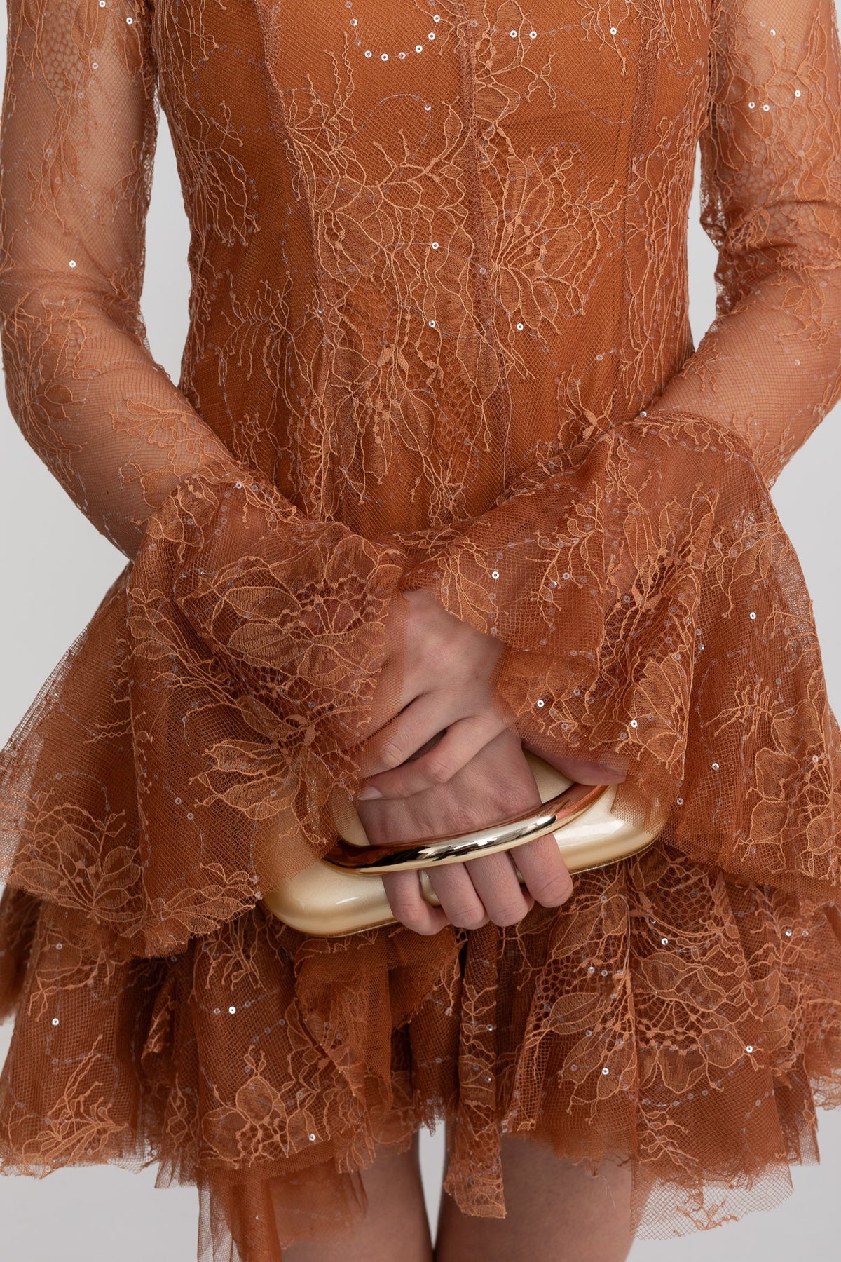 Sheer Lace High Neck Long Sleeve Mini Dress with Ruffled Hem – Rust – view 5
