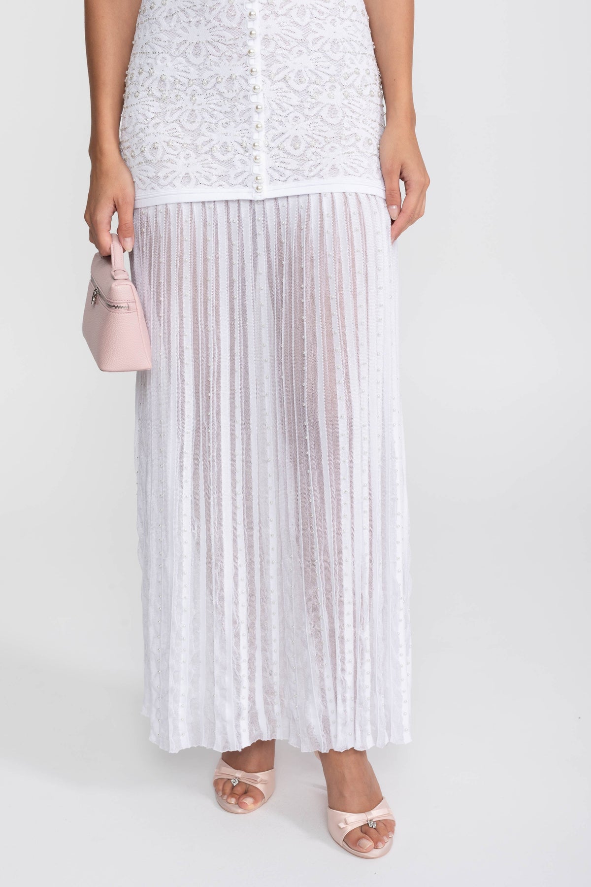 Pearl Embellished Short Sleeve Midi Dress with Pleated Skirt – White – view 13