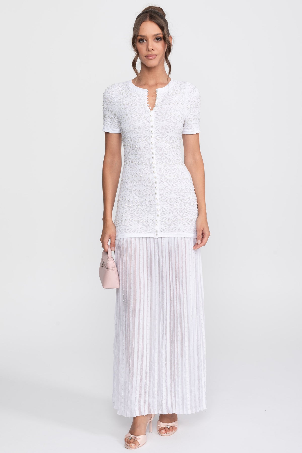 Pearl Embellished Short Sleeve Midi Dress with Pleated Skirt – White – view 1
