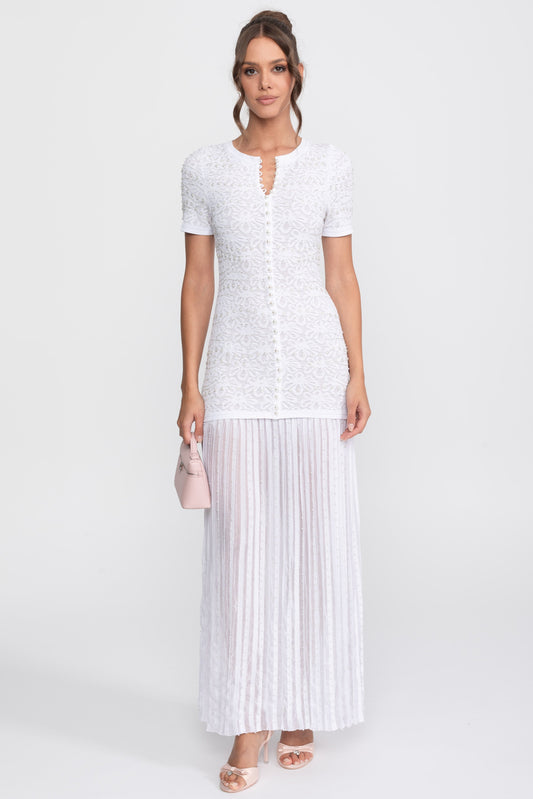Pearl Embellished Short Sleeve Midi Dress with Pleated Skirt – White