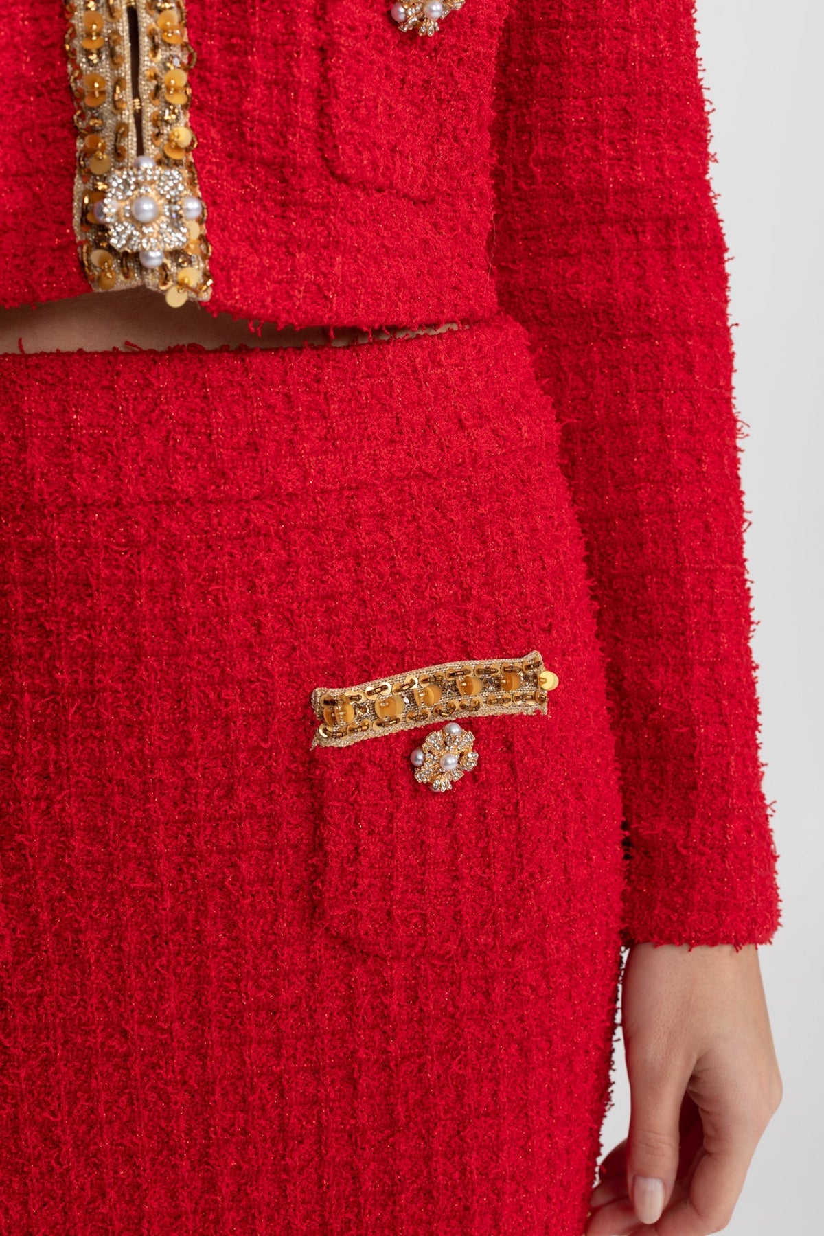 Gold Trim Tweed Cropped Jacket and Midi Skirt Set – Red – view 6