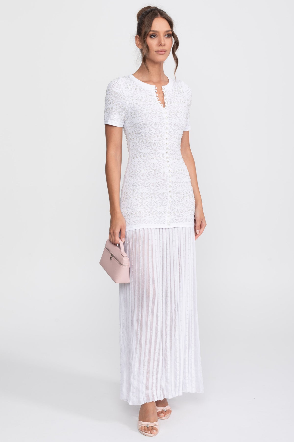Pearl Embellished Short Sleeve Midi Dress with Pleated Skirt – White – view 5