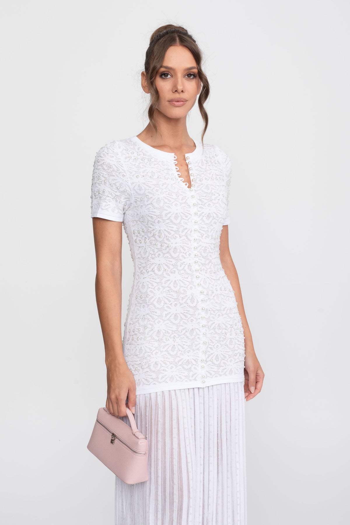 Pearl Embellished Short Sleeve Midi Dress with Pleated Skirt – White – view 8