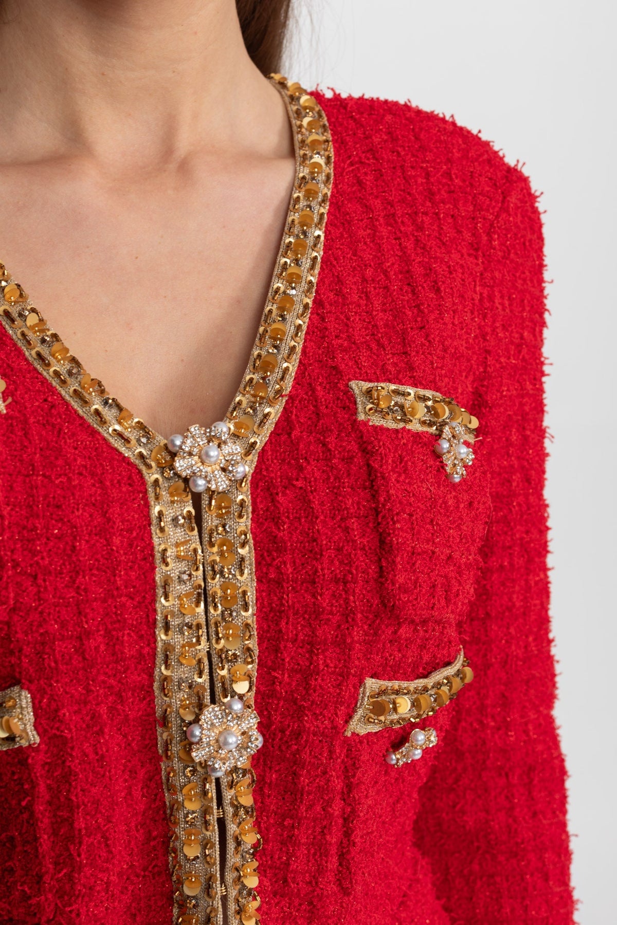 Gold Trim Tweed Cropped Jacket and Midi Skirt Set – Red – view 3
