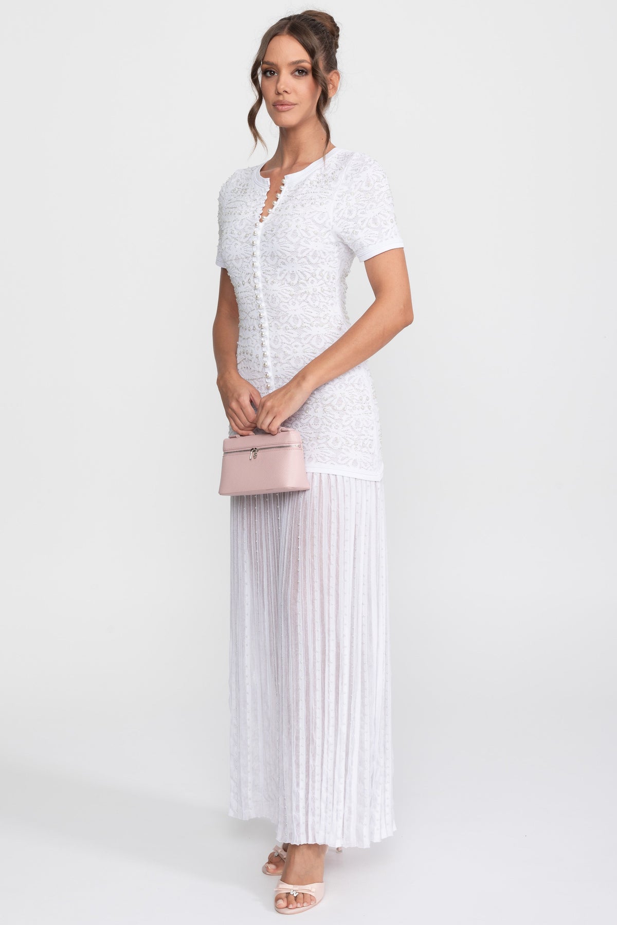 Pearl Embellished Short Sleeve Midi Dress with Pleated Skirt – White – view 7