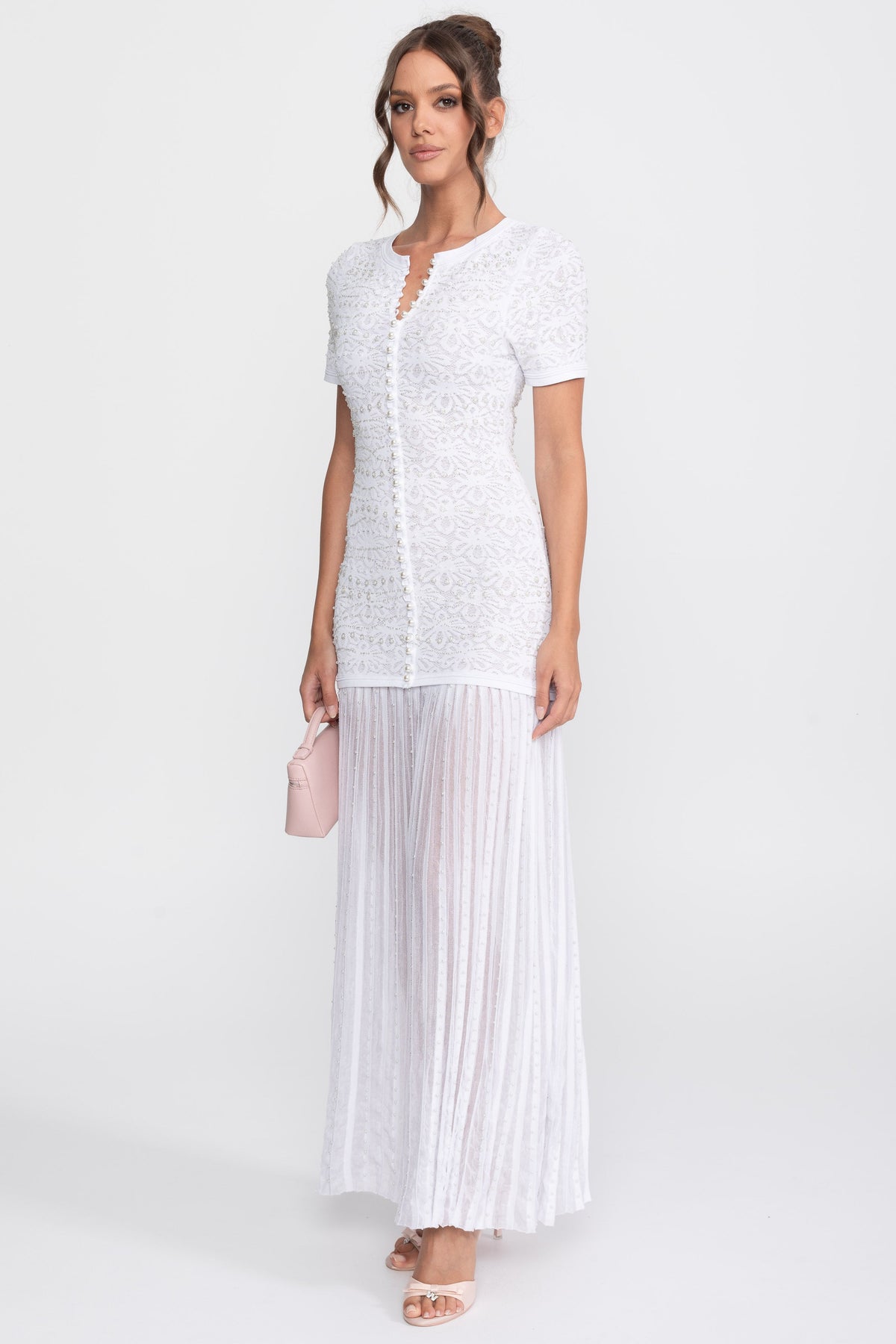 Pearl Embellished Short Sleeve Midi Dress with Pleated Skirt – White – view 6