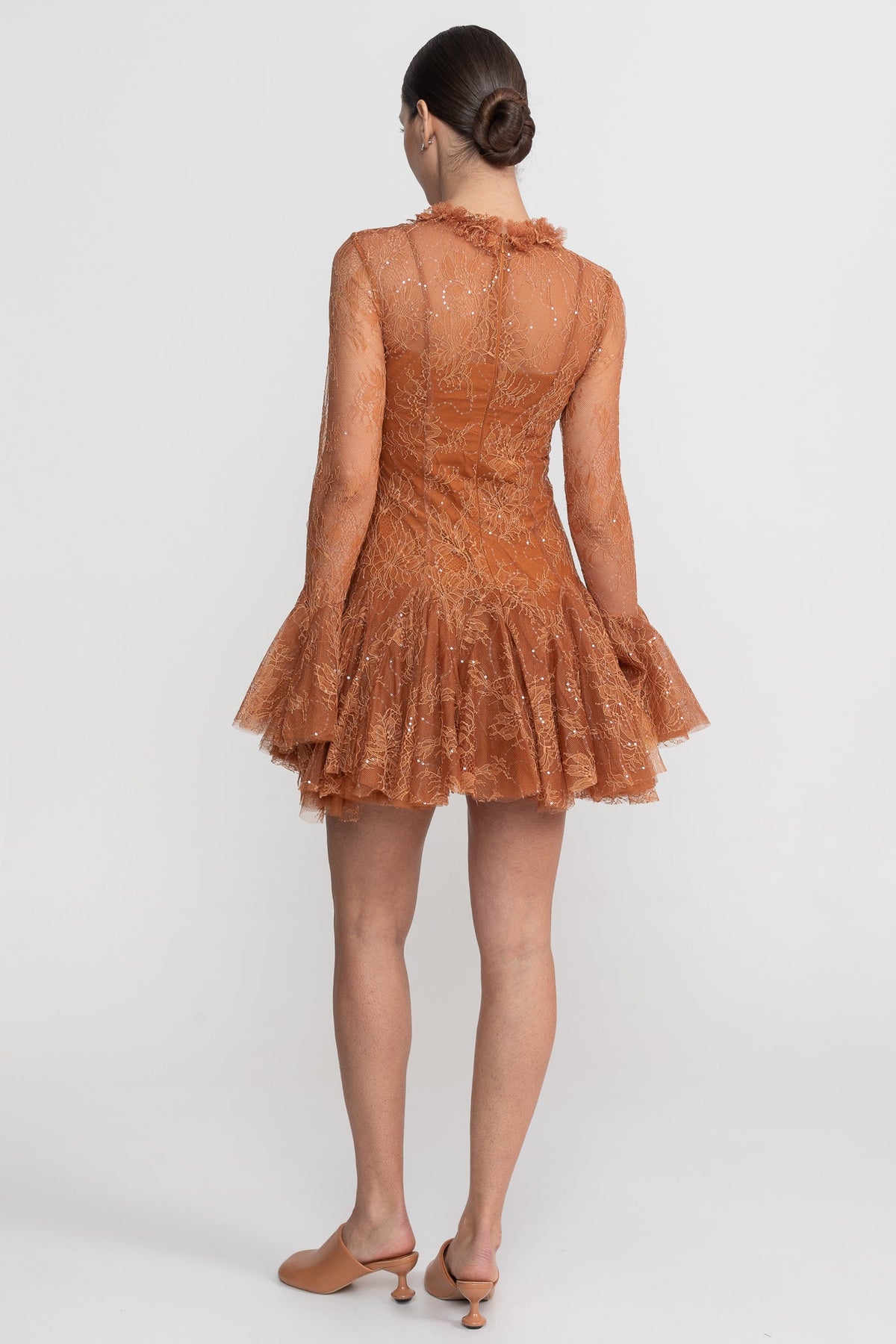 Sheer Lace High Neck Long Sleeve Mini Dress with Ruffled Hem – Rust – view 8