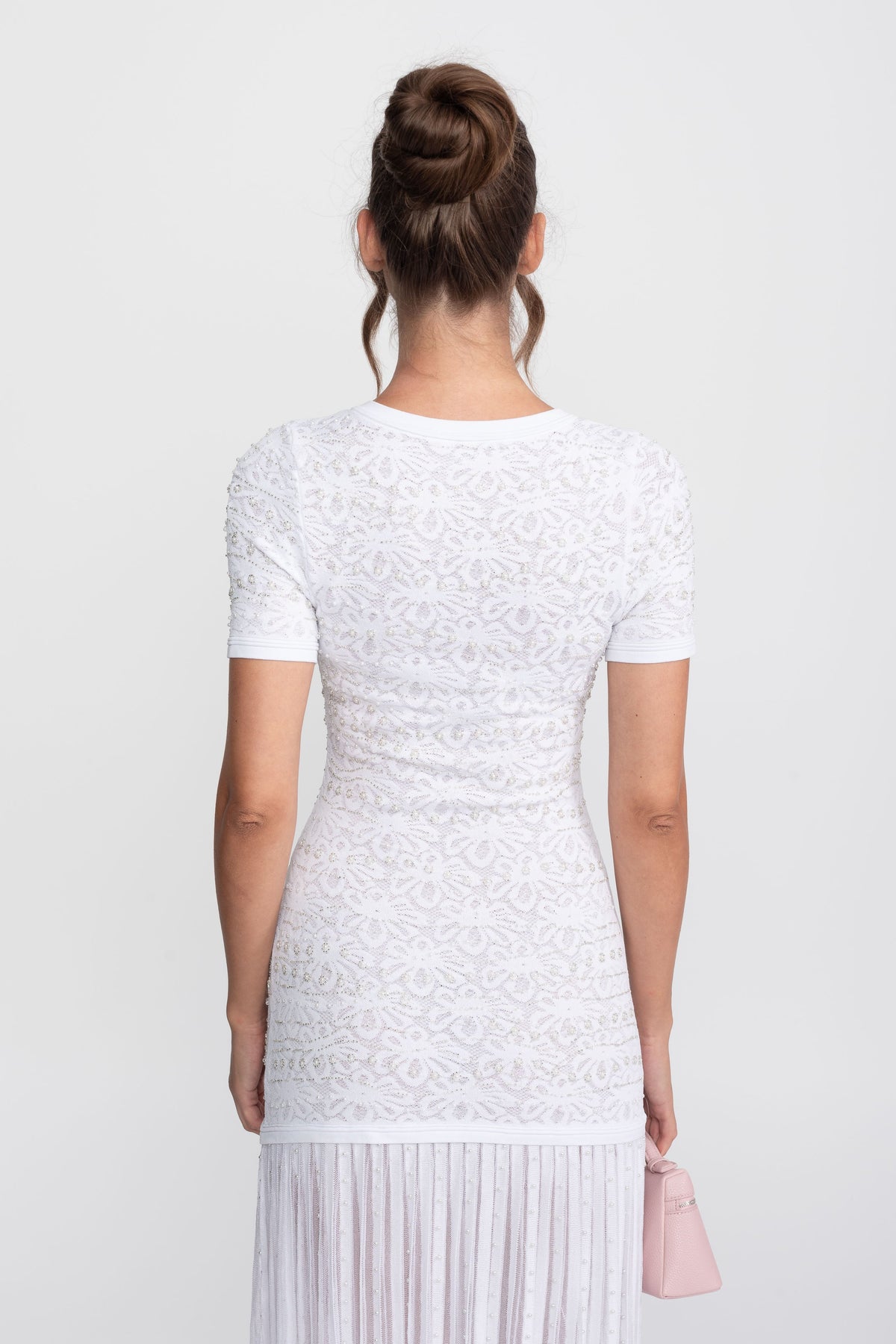 Pearl Embellished Short Sleeve Midi Dress with Pleated Skirt – White – view 14