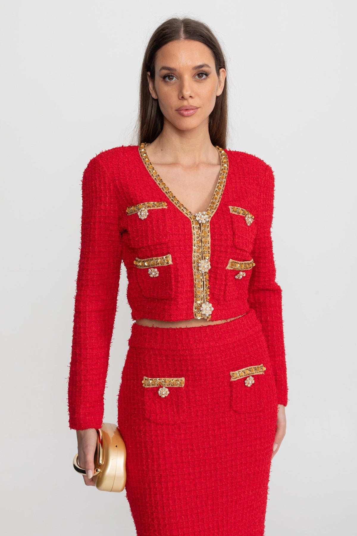 Gold Trim Tweed Cropped Jacket and Midi Skirt Set – Red – view 5