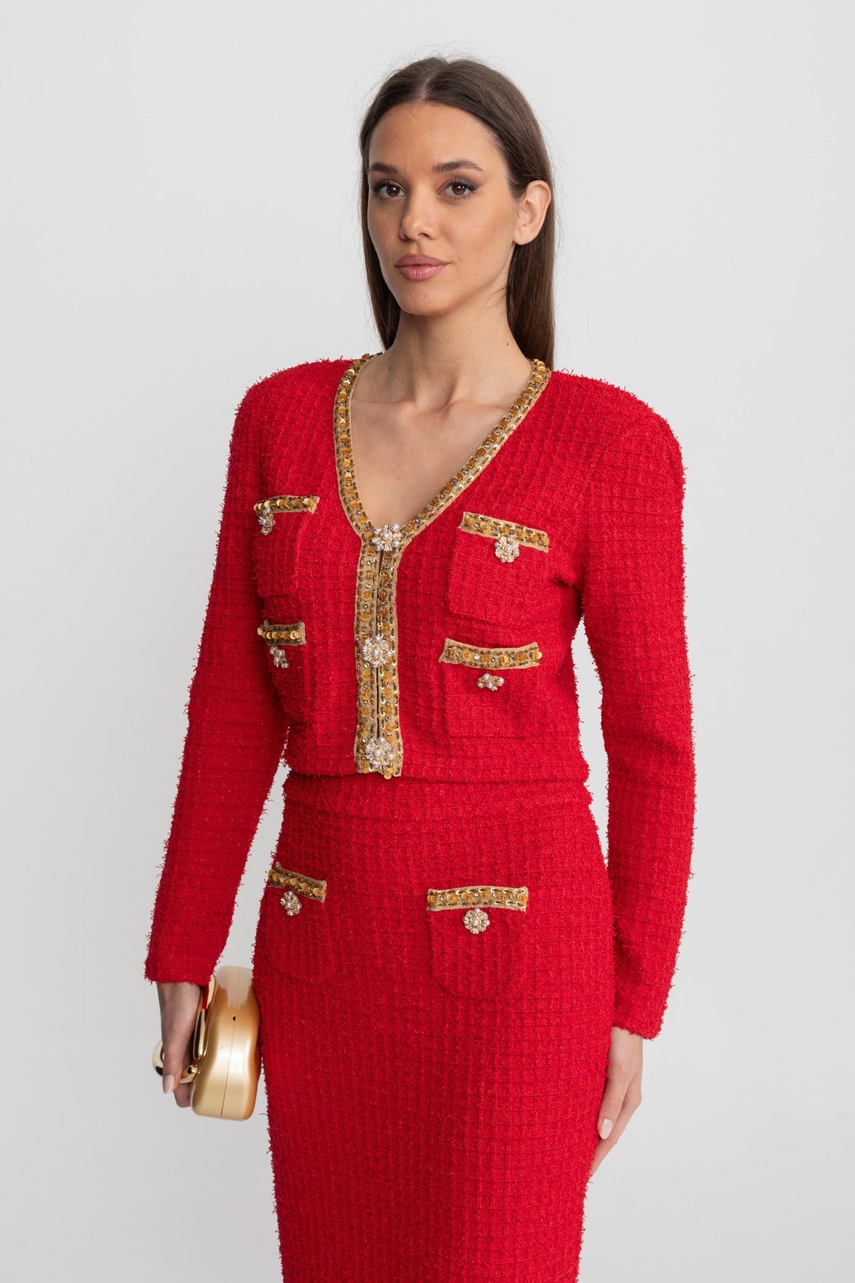 Gold Trim Tweed Cropped Jacket and Midi Skirt Set – Red – view 4