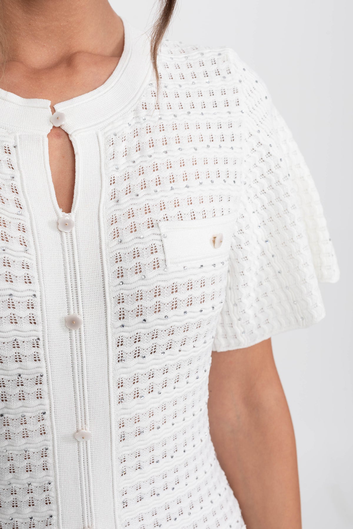 Shimmer Knit Button Front Midi Dress with Pleated Skirt – White – view 6