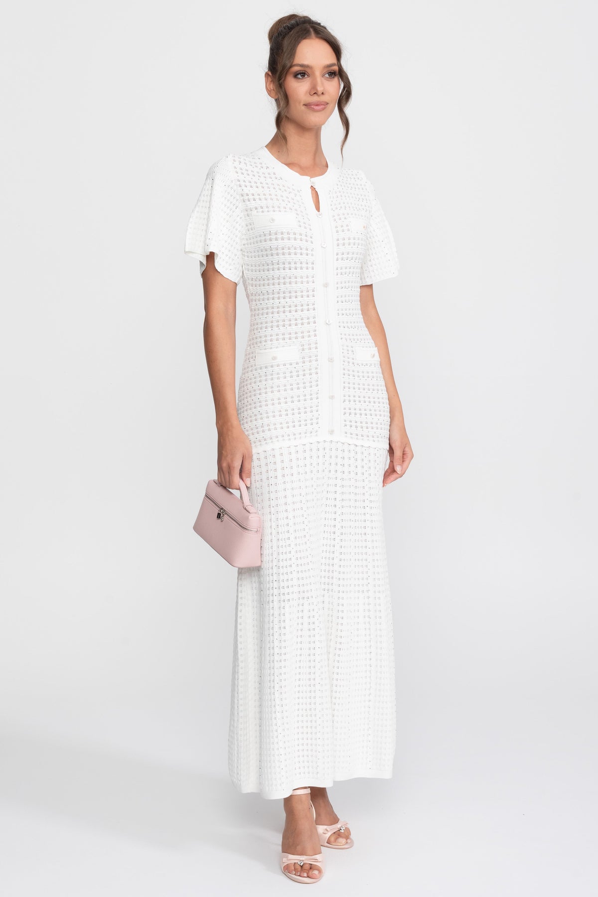 Shimmer Knit Button Front Midi Dress with Pleated Skirt – White – view 3