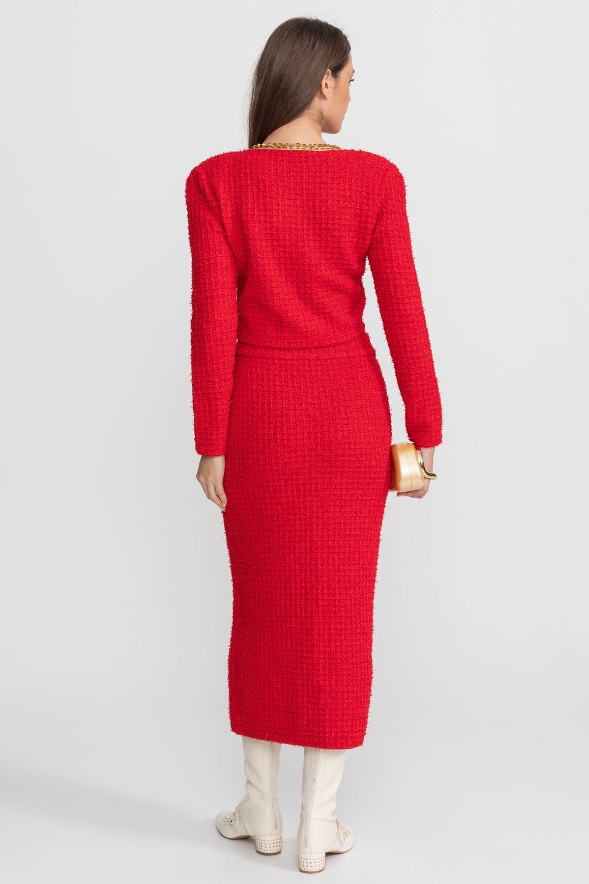 Gold Trim Tweed Cropped Jacket and Midi Skirt Set – Red – view 7