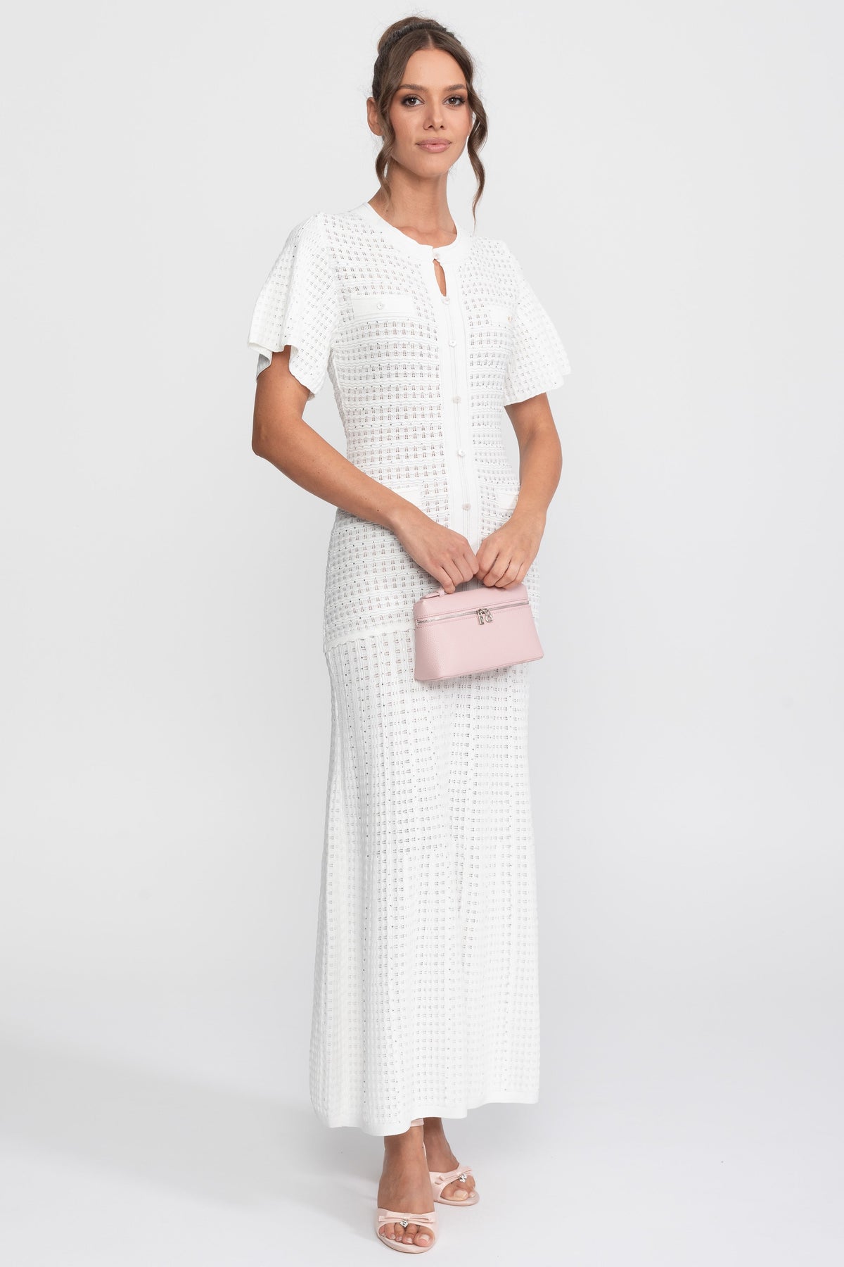 Shimmer Knit Button Front Midi Dress with Pleated Skirt – White – view 2