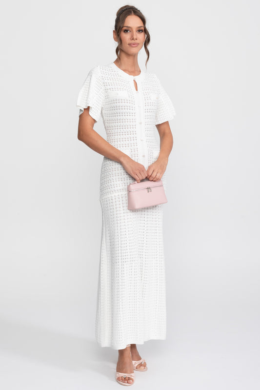 Shimmer Knit Button Front Midi Dress with Pleated Skirt – White – view 2