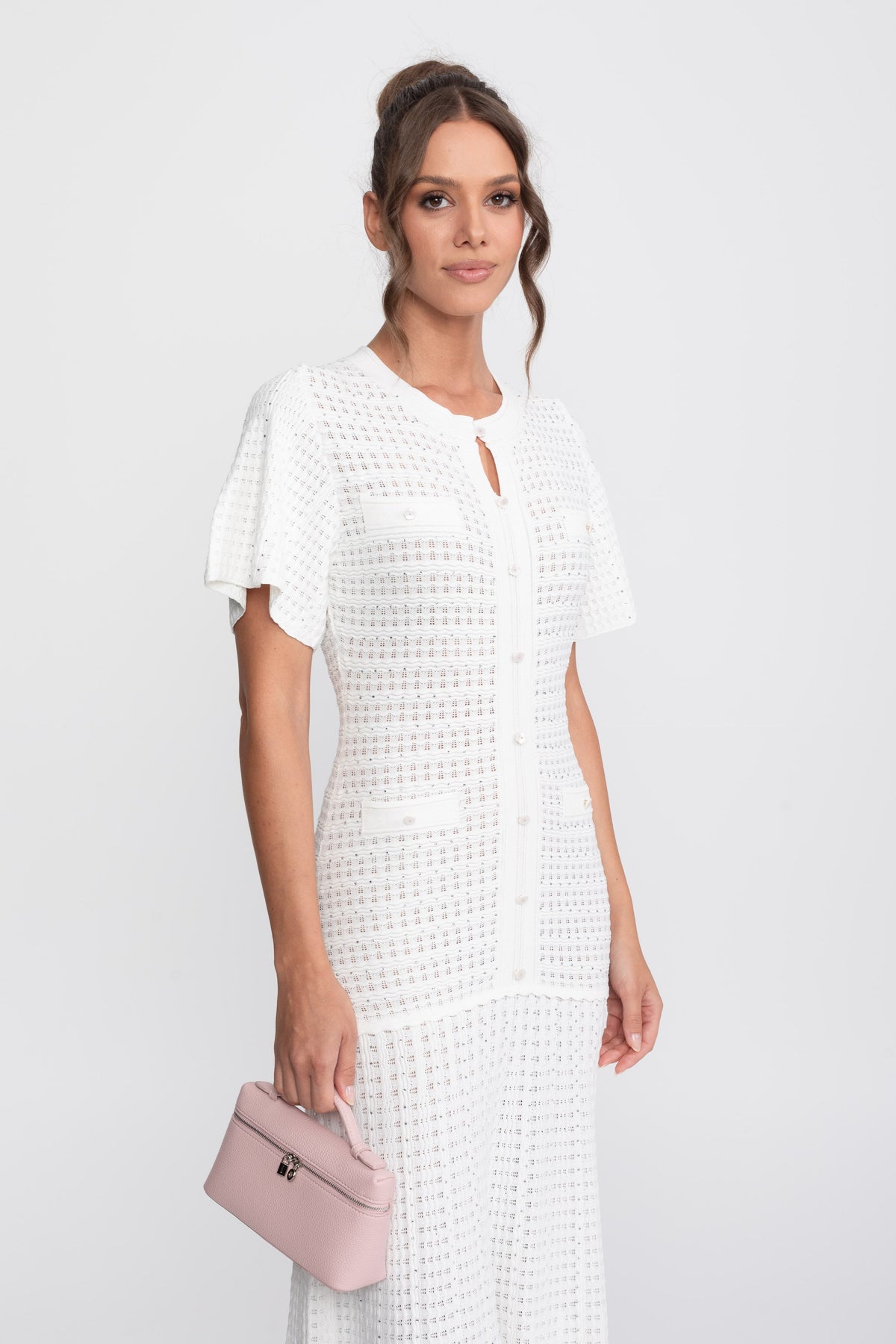 Shimmer Knit Button Front Midi Dress with Pleated Skirt – White – view 4