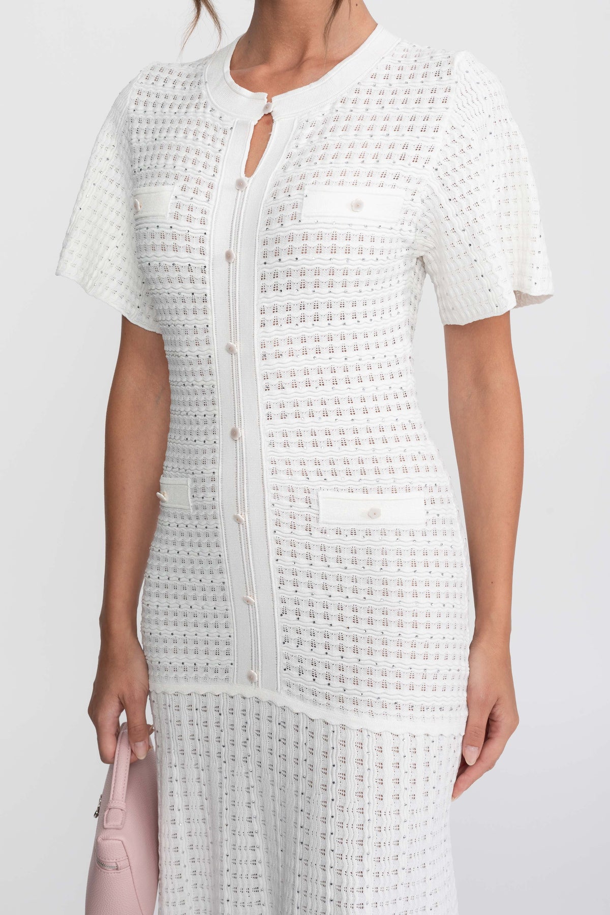 Shimmer Knit Button Front Midi Dress with Pleated Skirt – White – view 7