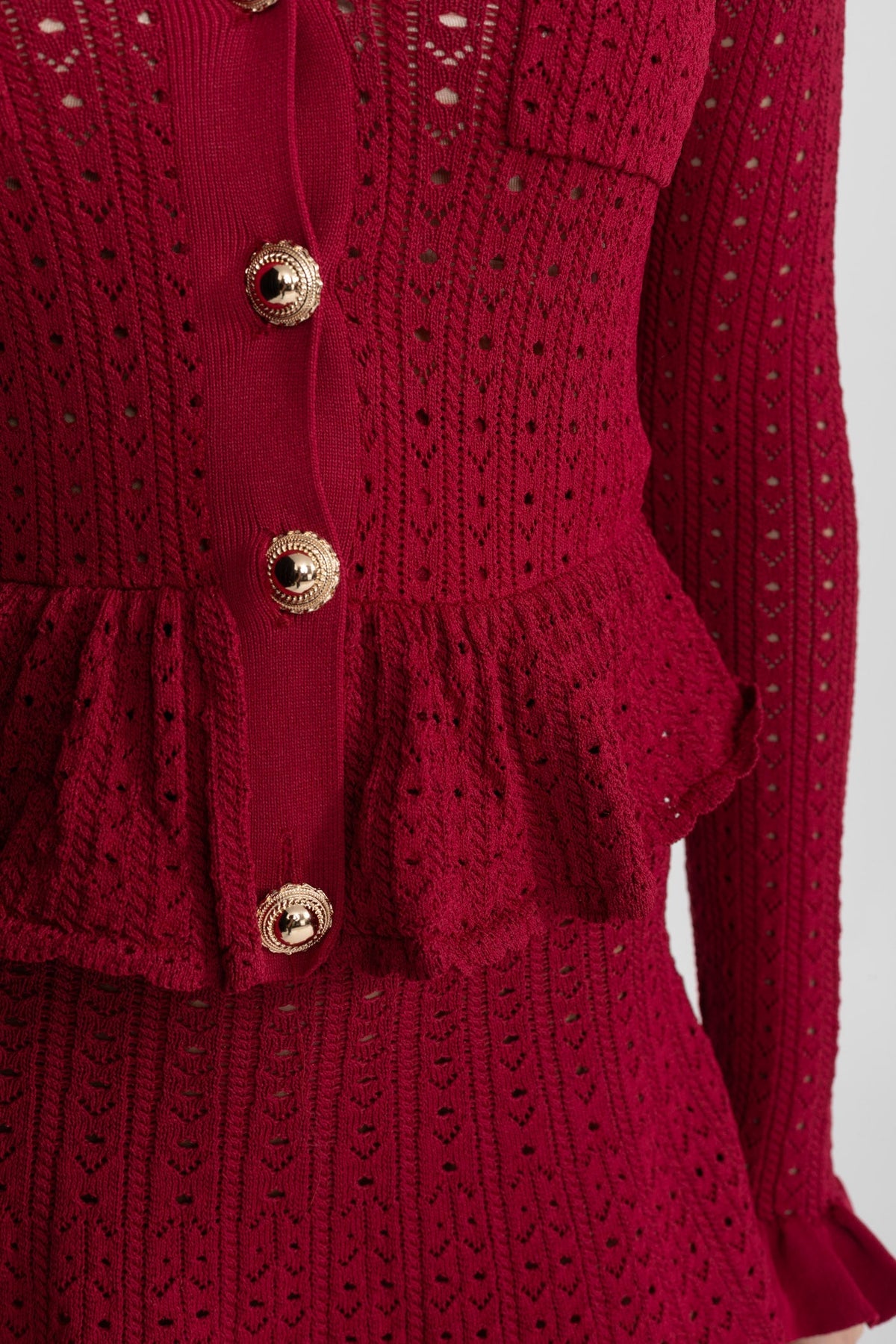 Pointelle Knit Long Sleeve Peplum Mini Dress with Gold Buttons – Dark Red – view 5